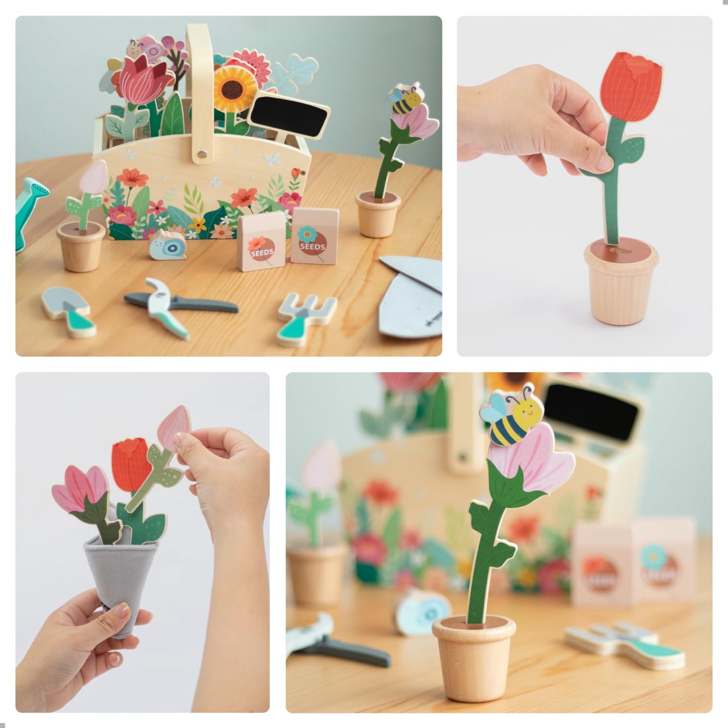 umu® Wooden Garden Play Set - 30 Pcs Kids Gardening Toy with Watering Can Shovel Rake Basket & Accessories - Outdoor Pretend Play Tool Set for Boys