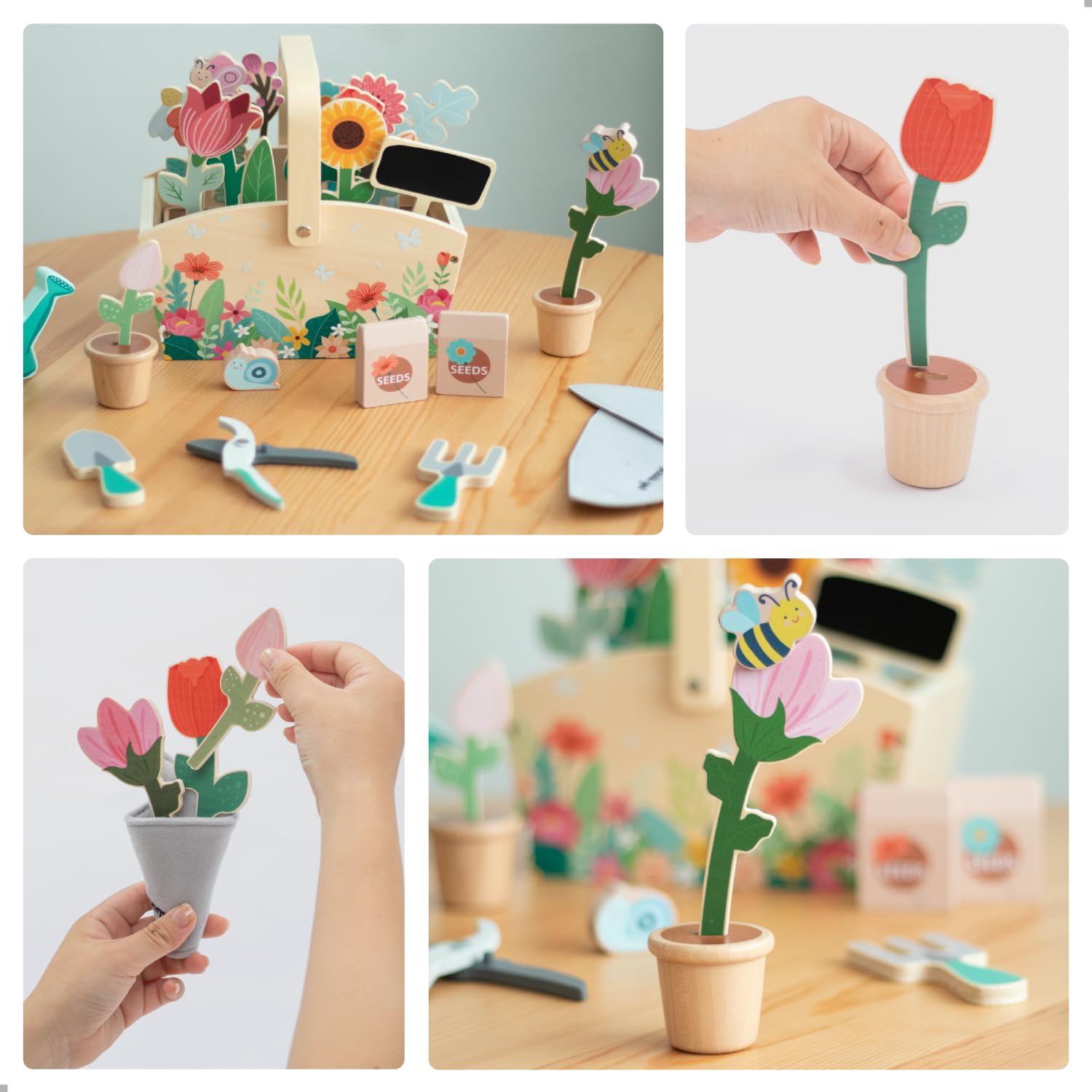 umu® Wooden Garden Play Set - 30 Pcs Kids Gardening Toy with Watering Can Shovel Rake Basket & Accessories - Outdoor Pretend Play Tool Set for Boys