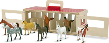 Melissa & Doug Take-Along Show-Horse Stable Play Set- Pretend Play Wooden Barn Toy with 8 Horse Toys & Carrying Case, Portable Preschool Travel Toys