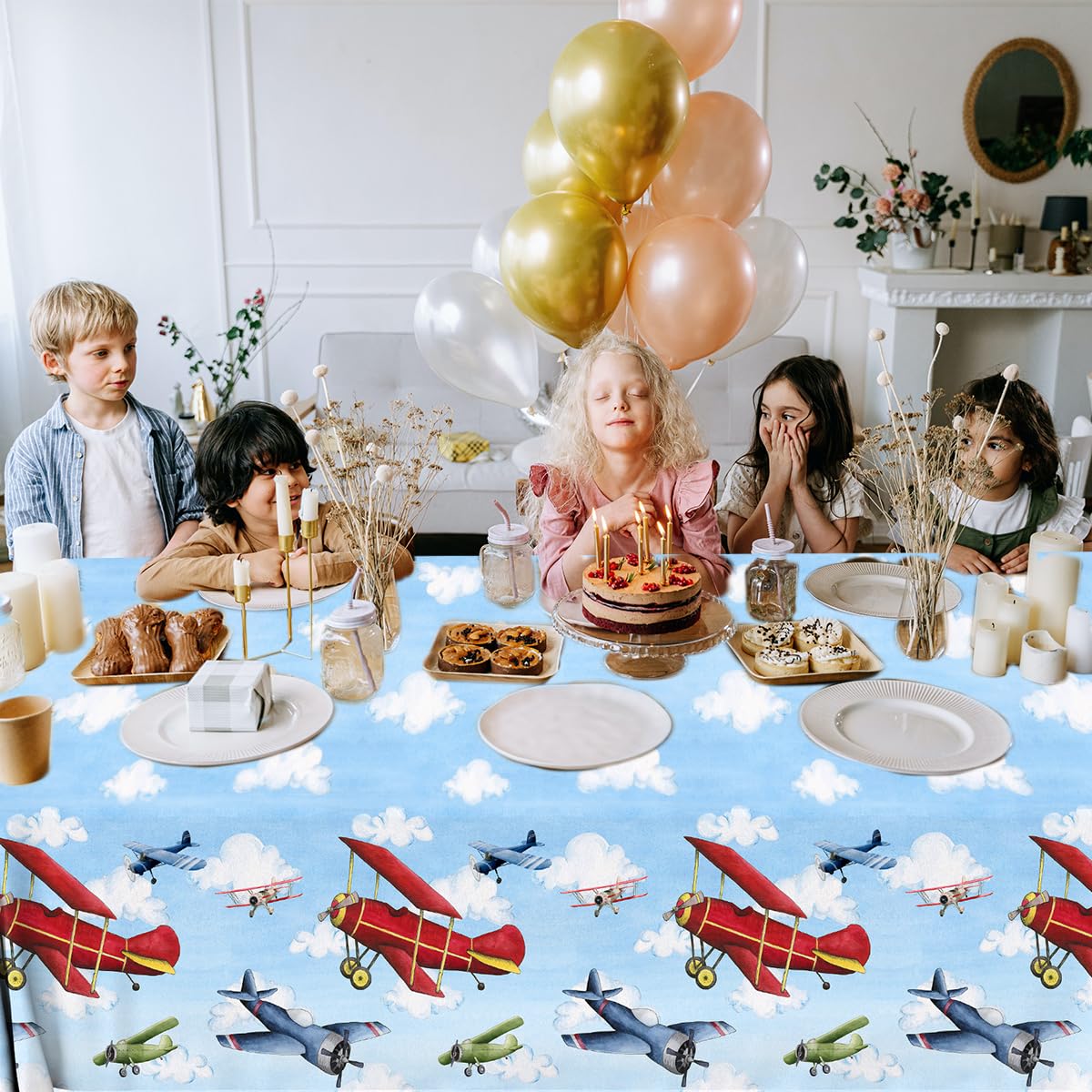 GREHUMOR 3pcs Airplane Party Decorations Airplane Party Tablecloth Supplies Disposable Plastic Helicopter Blue Sky White Theme Table Cover for Kids