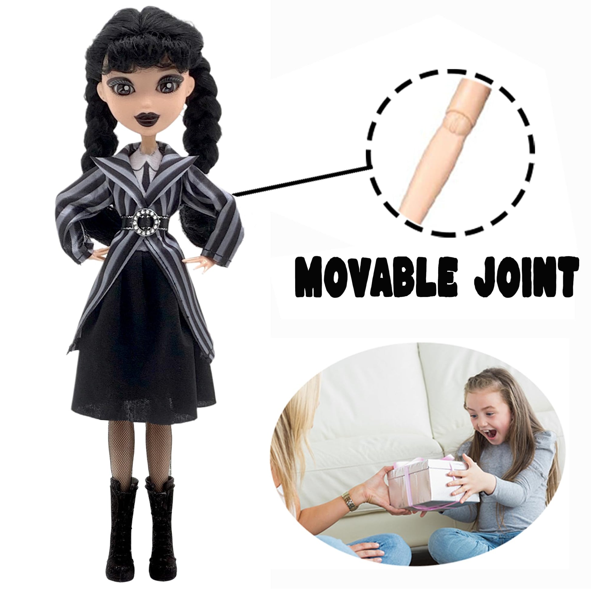 DANONI Addams Toys,Long Sleeve Dots Dress,Red Lips,Black High Heels and Black Hair,Made to Move Addams Dolls,Birthday Idea Gifts (Striped Doll +