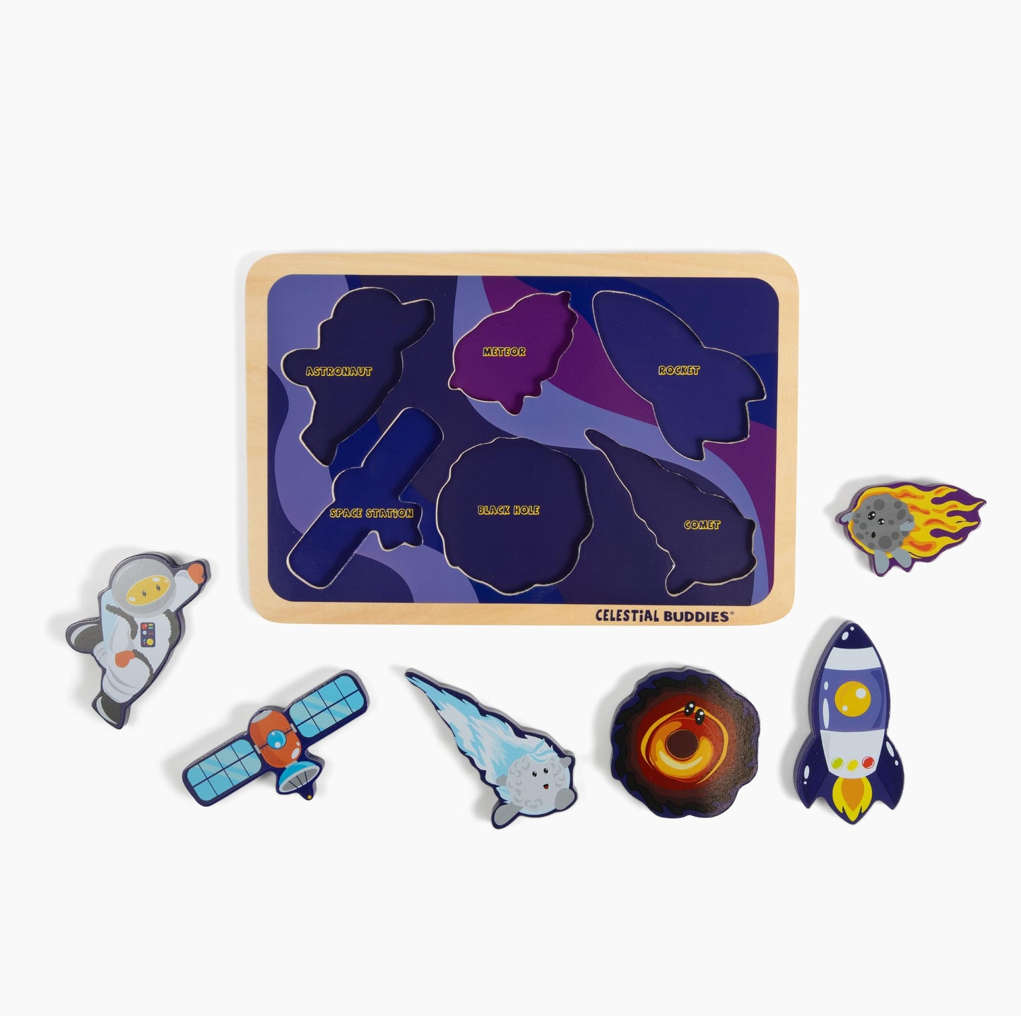 Celestial Buddies Journey into Space - Chunky Wooden Toddler Puzzle, 12x8 Inch Educational Space Puzzle for Early Science & Astronomy Exploration