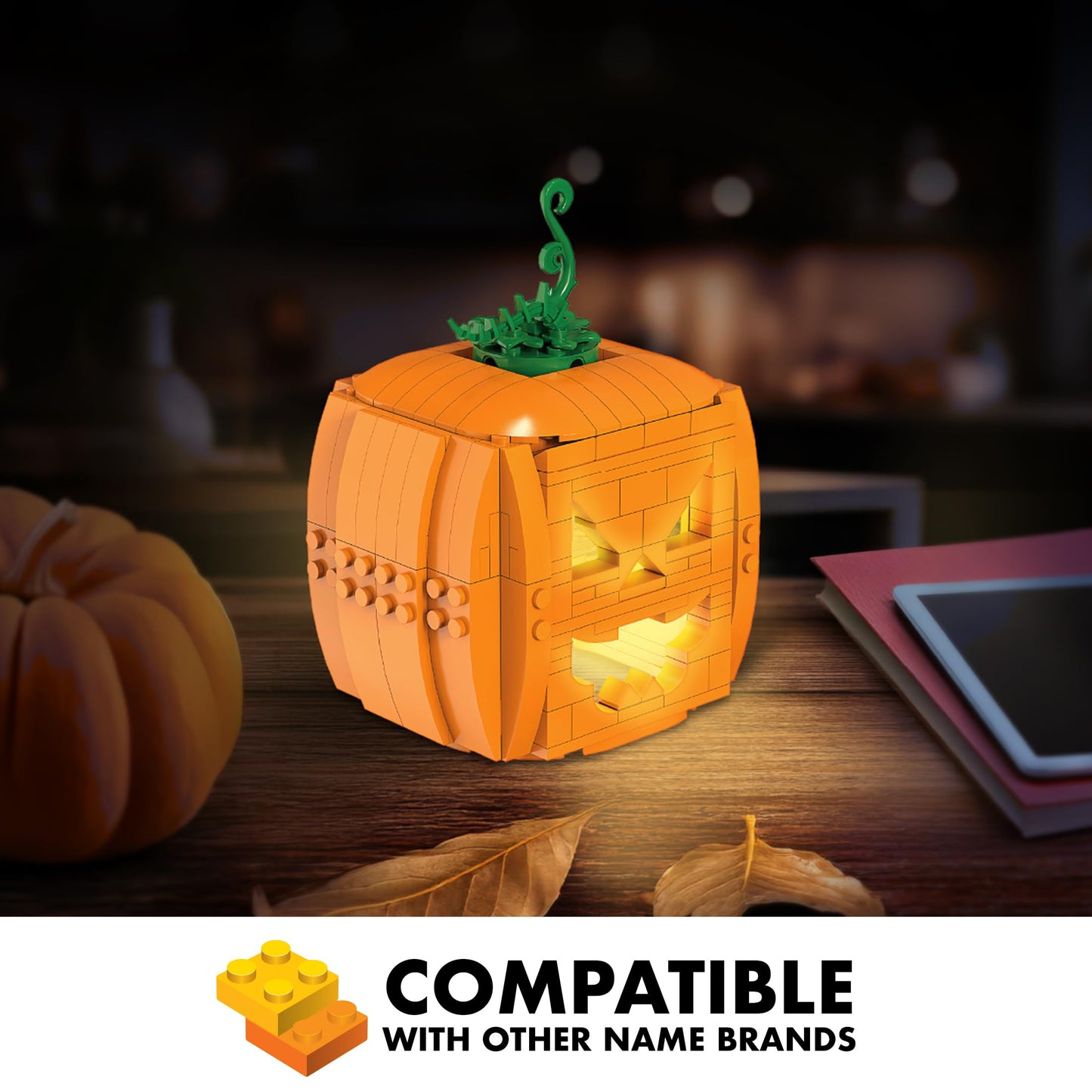Brickcraft Brick O’-Lantern Building Kit, 233 Pieces | Halloween Pumpkin Decoration with 3 Interchangeable Faces & 2 Flickering Light Bricks | DIY