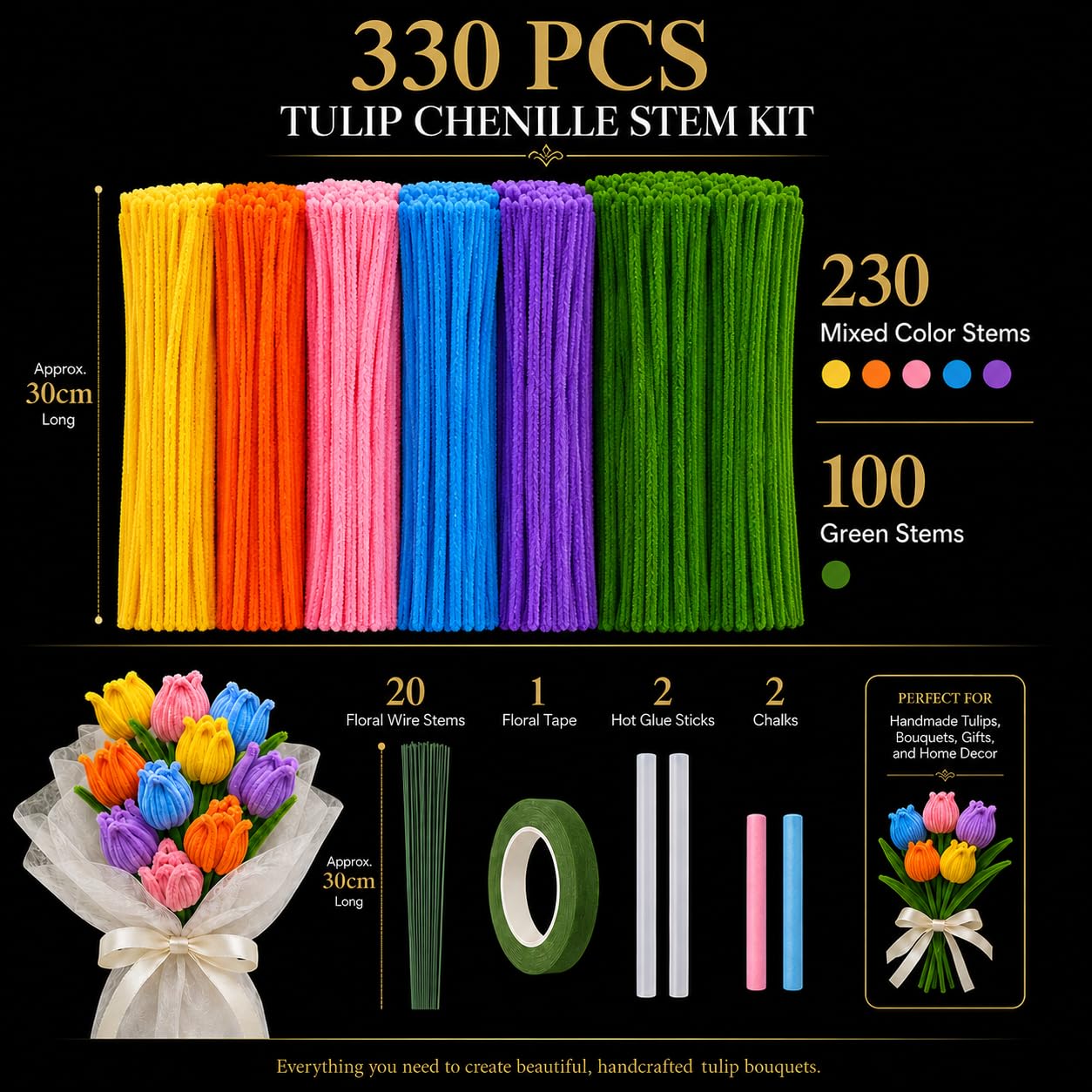 Pipe Cleaners Flowers Kit, DIY Tulip Bouquet Craft Kit with 350 Chenille Stems, 6 Colors Pipe Cleaners for Crafts, Flower Stems, Green Tape