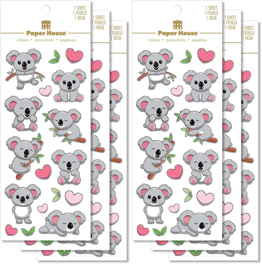 Paper House Productions Set of 6 Shiny Foil Enamel Effect Sticker Sheet for Crafts, Scrapbooking & Collecting - Koala Love