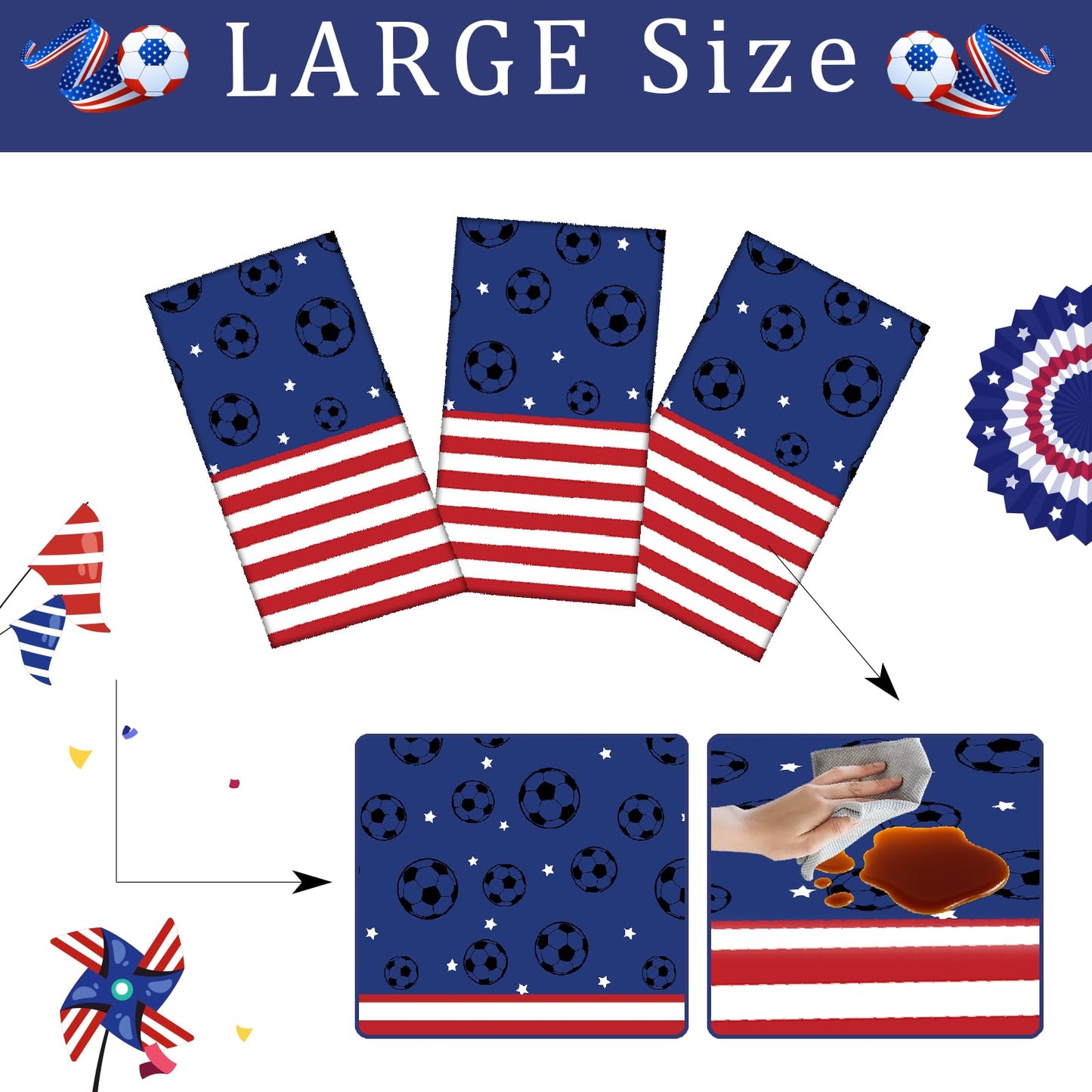 Bzhouyy Soccer Party Tablecloth 3 Pack, 54 x 108 Inch American Flag Themed Disposable Plastic Table Covers, Waterproof Spill Proof Tablecloths