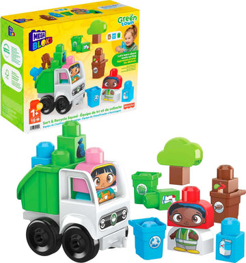 MEGA BLOKS Fisher-Price Toddler Building Blocks, Green Town Sort & Recycle Squad with 15 Pieces, 2 Figures, Toy Gift Ideas for Kids