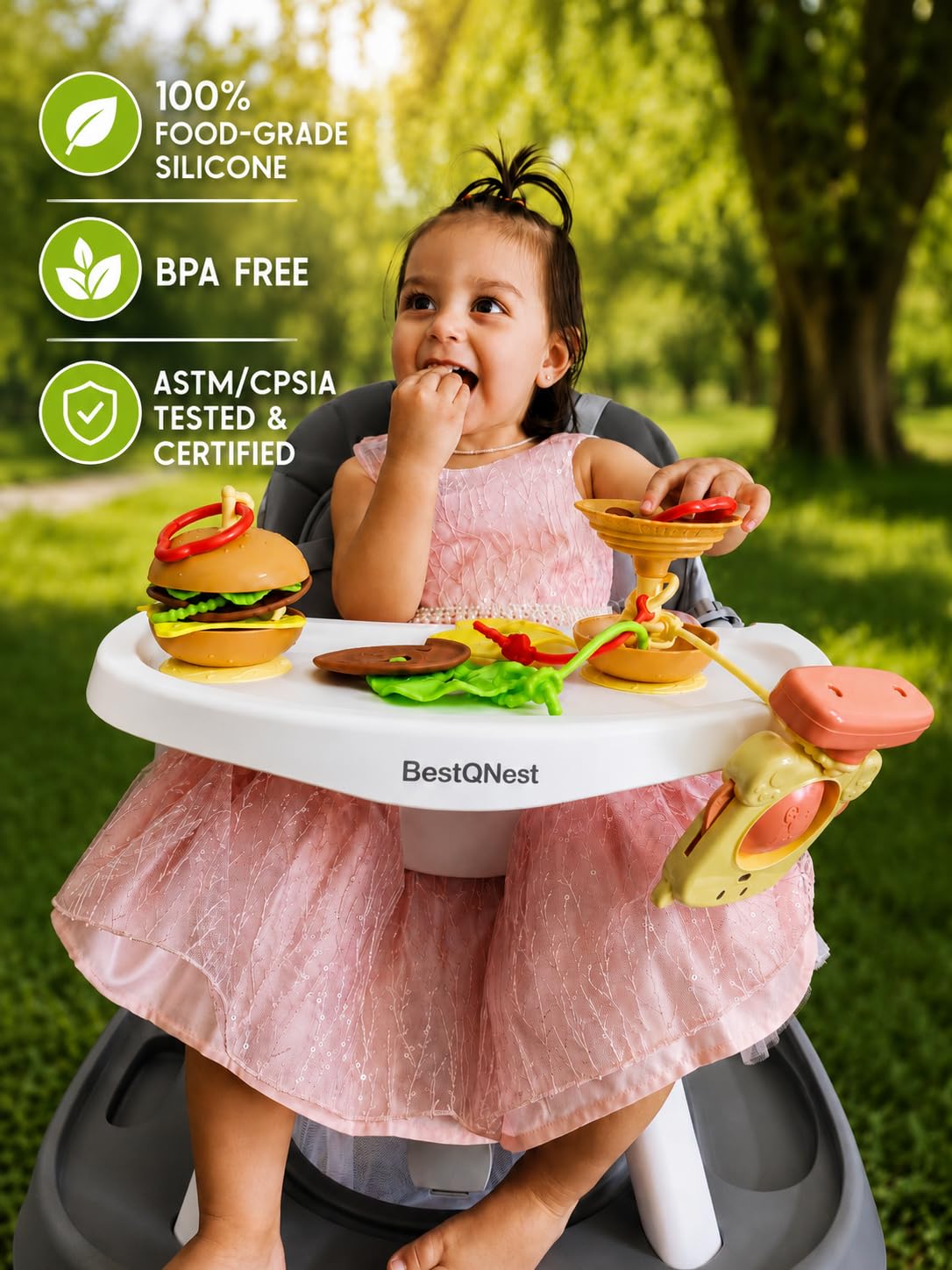 Hamburger Suction Cup Baby Toy Holder for High Chair, Car Seat & Stroller, 3 Tether Straps Keep Toys from Falling Down, BPA-Free Food-Grade Silicone