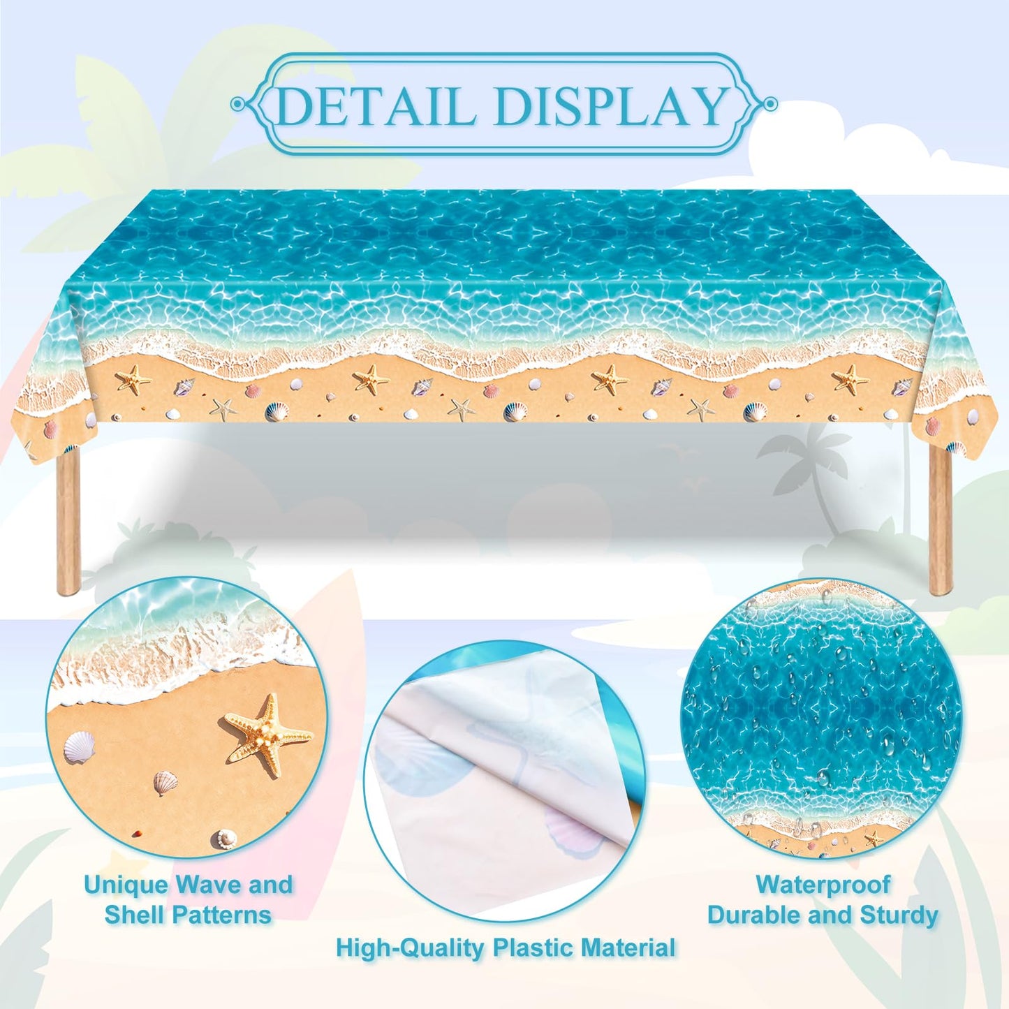 Temicle 3-Piece 54 x 108 Inch Beach Theme Plastic Tablecloth - Summer Ocean Wave and Seashell Design Disposable Rectangle Table Cover for Pool