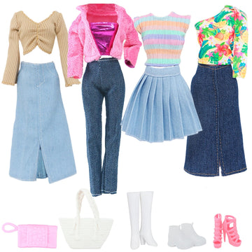 BLIJOLA 10Pcs Doll Clothes & Accessories Including 4 Sets Casual Doll Clothing, Skirt, Long Dress, Top and Pant Outfits with 4 Pair of Shoes 2