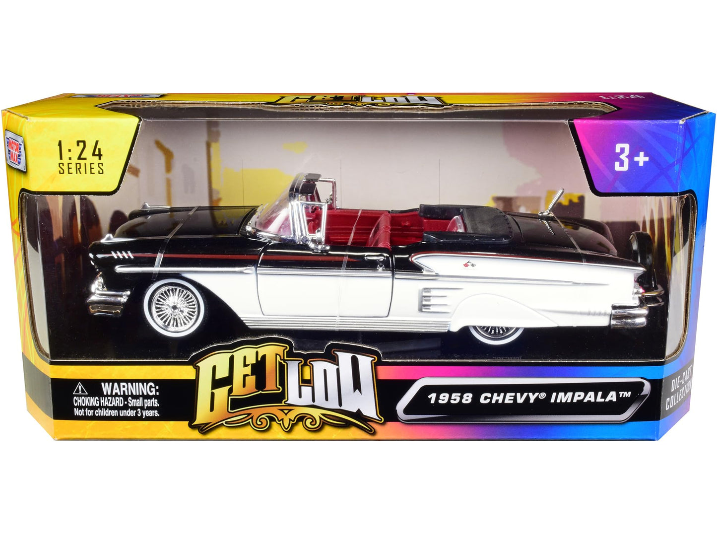 1958 Chevy Impala Convertible Lowrider Black and White with Red Interior Get Low Series 1/24 Diecast Model Car by Motormax 79025 for Unisex Adult