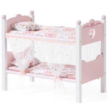 ROBOTIME Baby Doll Bunk Beds, Wooden Baby Doll Crib with Starry Curtain, Stackable Toy Crib for 18 Inch Dolls, Doll Bed Playset with Bedding