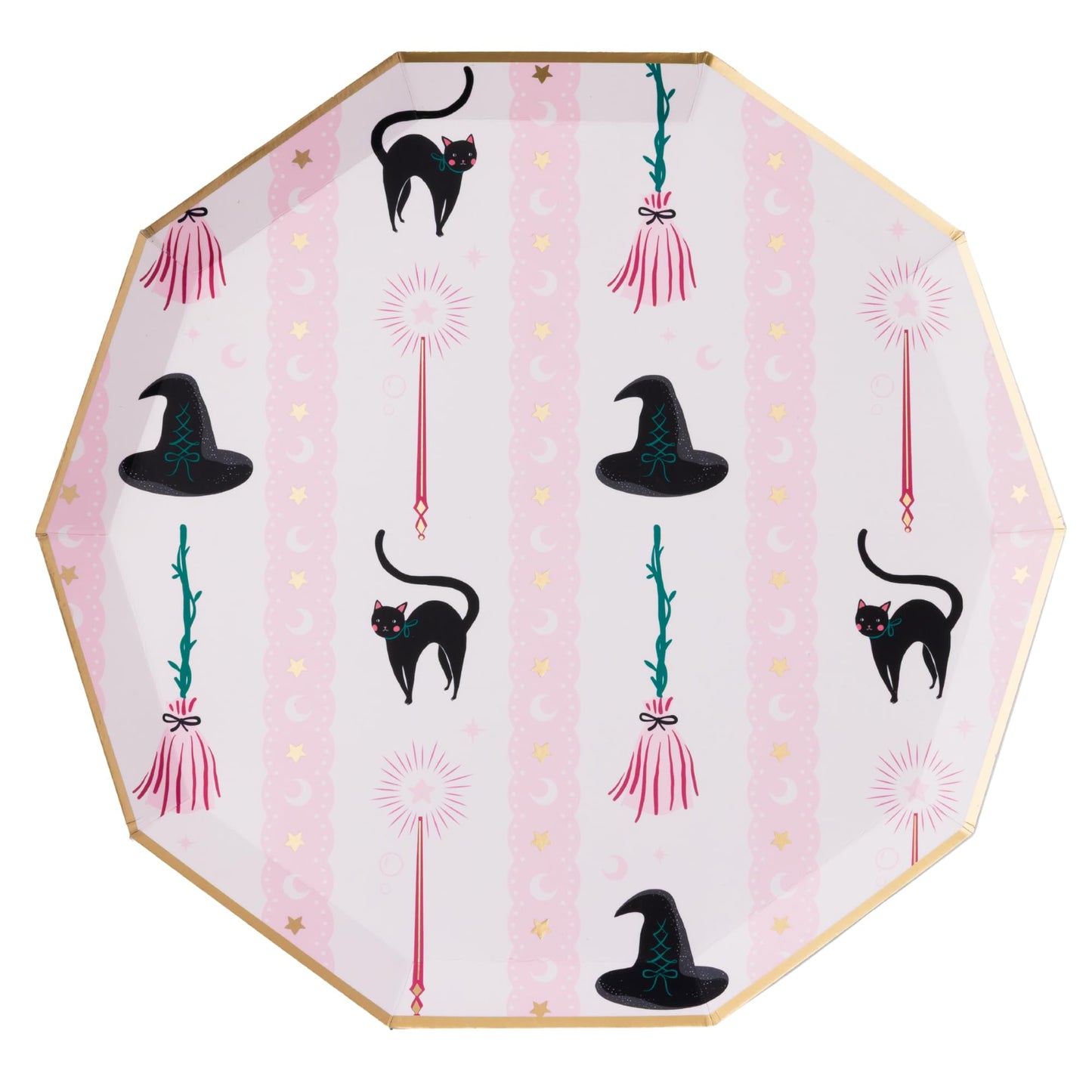 Bonjour Fete Witch Hat & Broom Large Paper Party Plates | Large Disposable Dinner Plates for Halloween, Costume Parties, & Wicked Birthdays | Premium