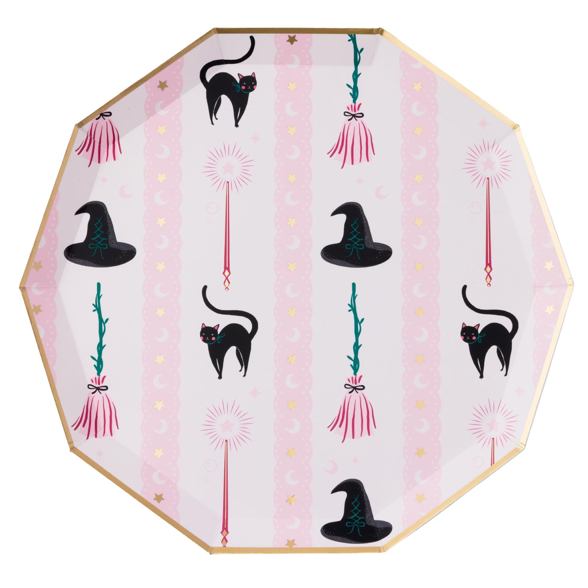 Bonjour Fete Witch Hat & Broom Large Paper Party Plates | Large Disposable Dinner Plates for Halloween, Costume Parties, & Wicked Birthdays | Premium