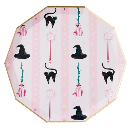 Bonjour Fete Witch Hat & Broom Large Paper Party Plates | Large Disposable Dinner Plates for Halloween, Costume Parties, & Wicked Birthdays | Premium