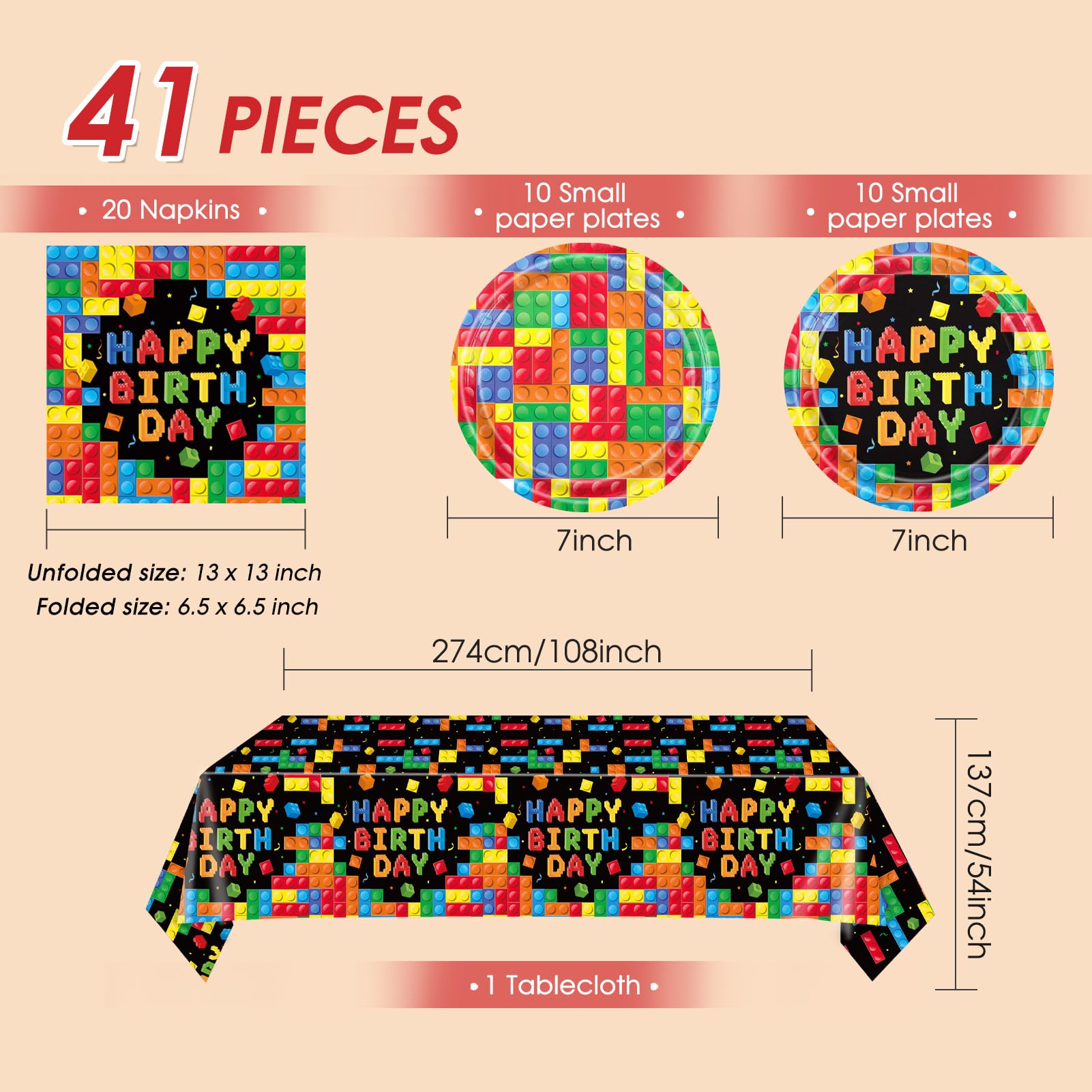 41 PCS Building Block Party Supplies,Colorful Paper Plates and Napkins with Building Block Disposable Plastic Table Cover for Happy Building Blocks