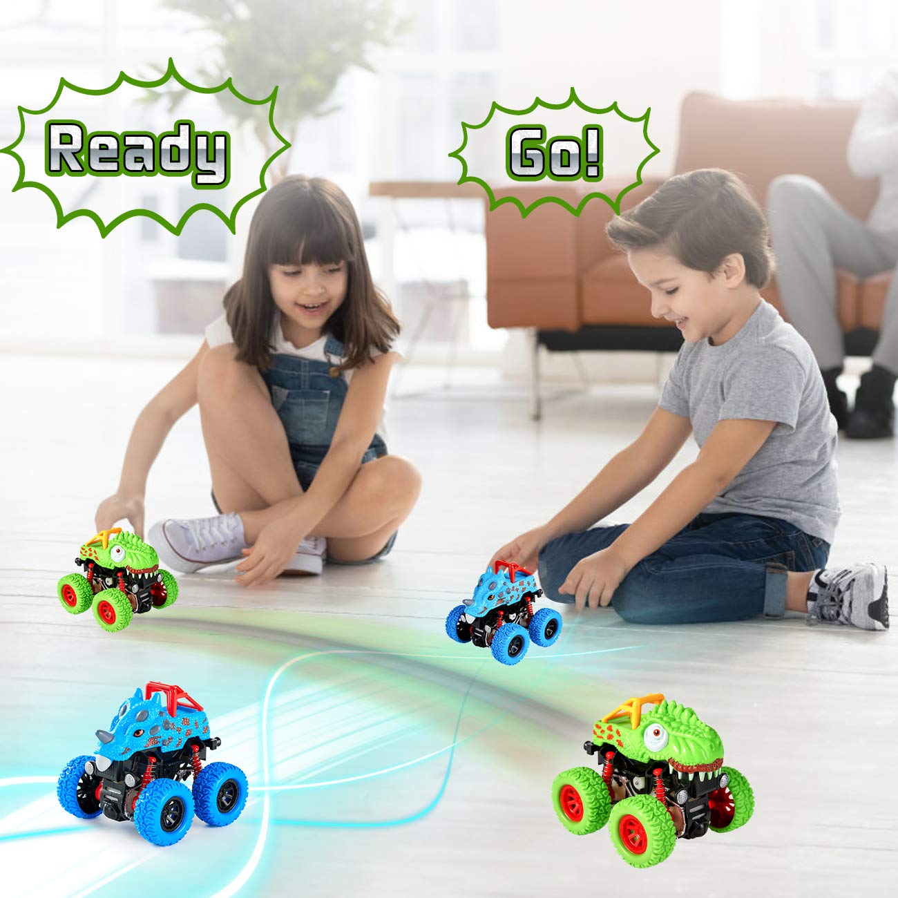 LODBY Dinosaur Toys for 2 3 4 5 Year Old Boys - Monster Truck Toys for Toddlers Boys Ages 2-4-6 - Push and Go Cars Dinosaur Toys for Kids 3-5 Year Old