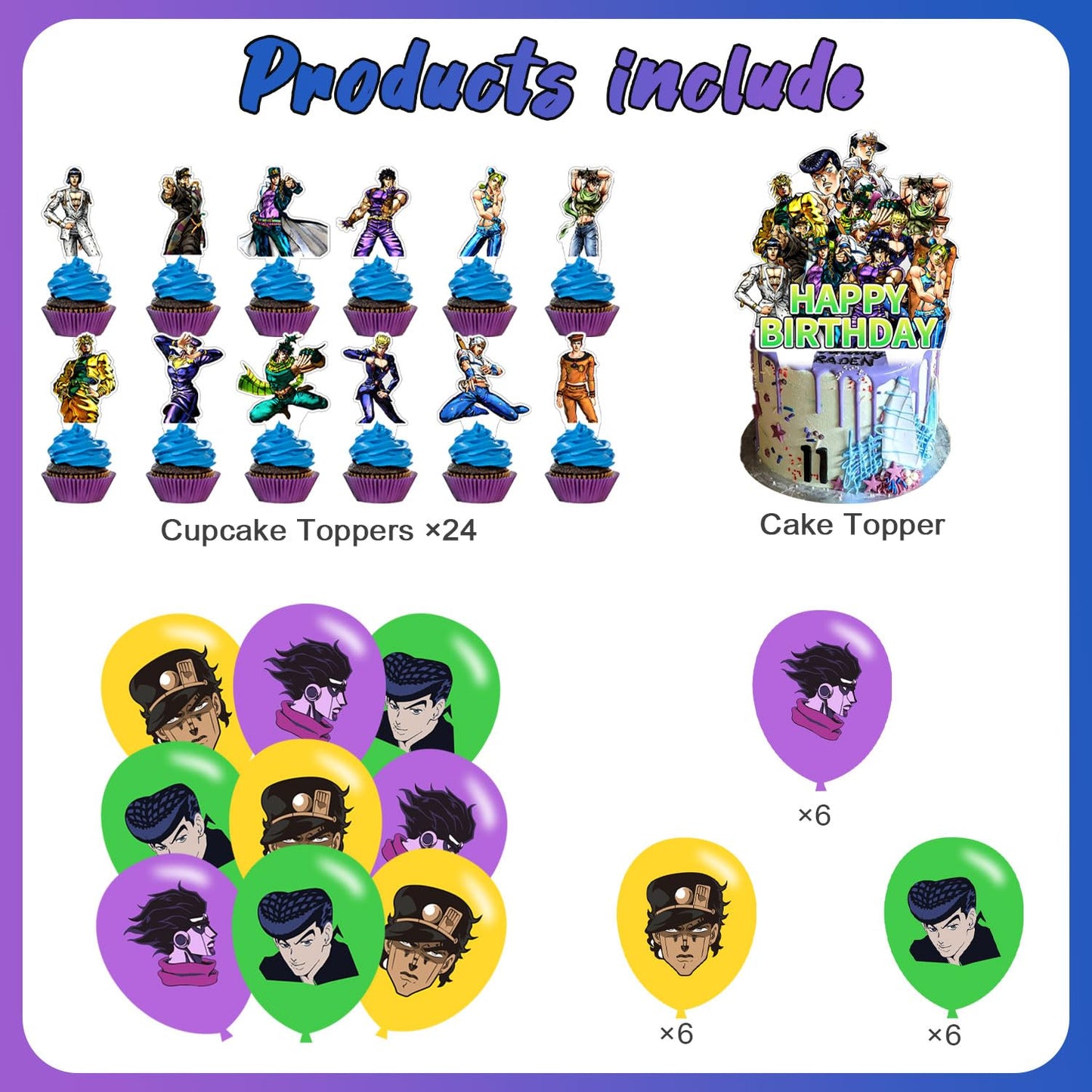 JOJO Birthday Party Decoration, Include Anime Backdrop 5 x 3 FT, Latex Balloons, Cake Topper for Adventure Theme Teen Fans Party