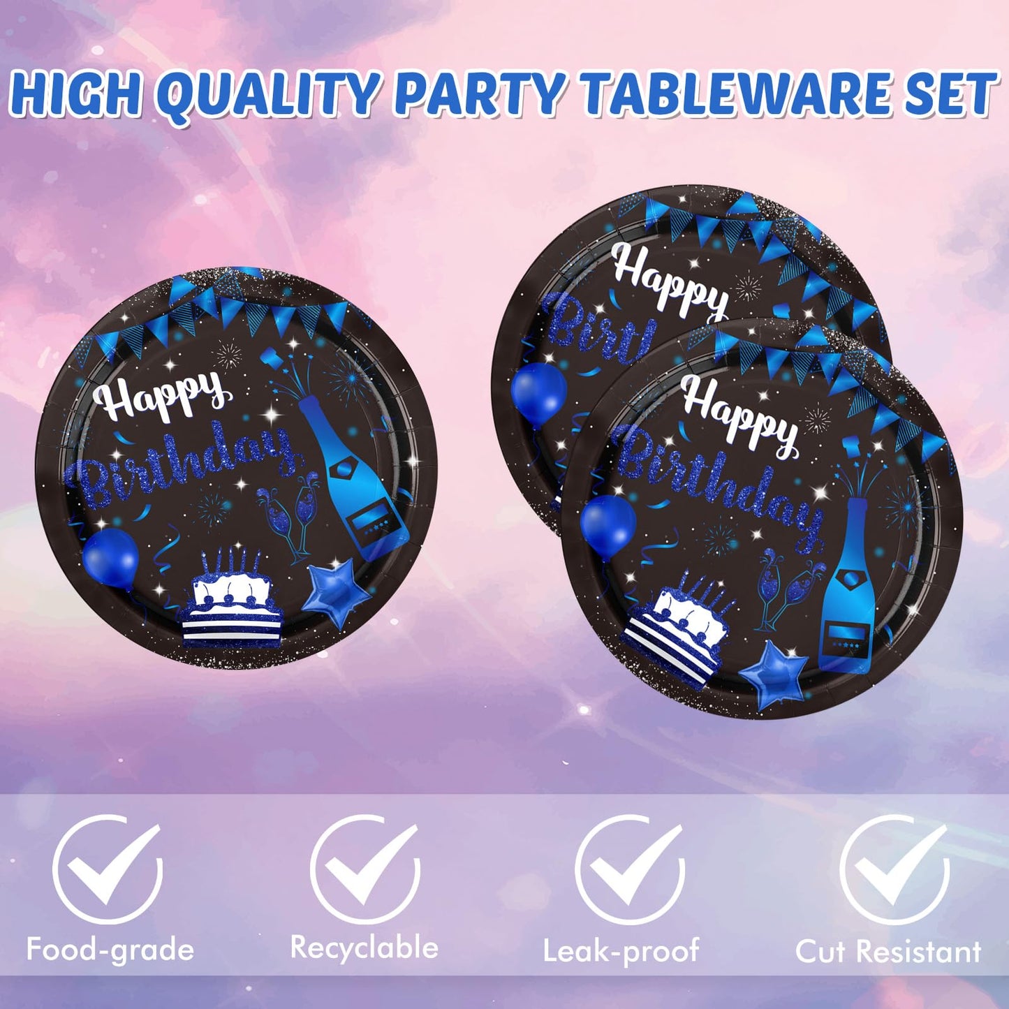Happy Birthday Decorations Navy Blue Black Birthday Party Decorations Disposable Paper Plates and Napkins for Women Men Baby Shower Supplies