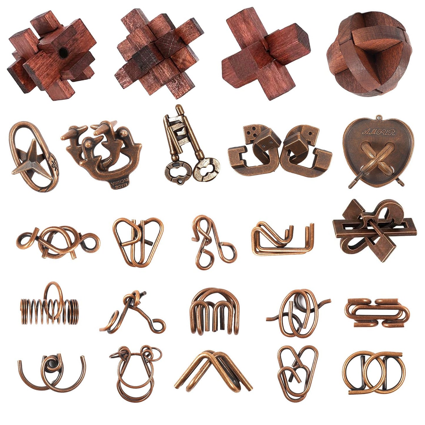 Brain Teaser Puzzles Set, Wooden & Metal 3D Unlock Interlock Game, Kongming Luban Lock Wire Disentanglement IQ Puzzle, Logic Challenge Educational
