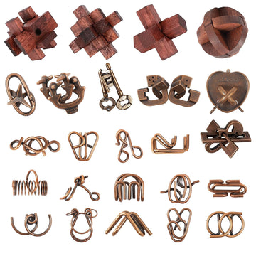 Brain Teaser Puzzles Set, Wooden & Metal 3D Unlock Interlock Game, Kongming Luban Lock Wire Disentanglement IQ Puzzle, Logic Challenge Educational