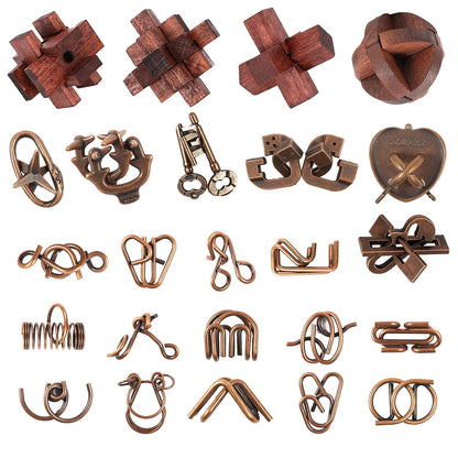 Brain Teaser Puzzles Set, Wooden & Metal 3D Unlock Interlock Game, Kongming Luban Lock Wire Disentanglement IQ Puzzle, Logic Challenge Educational