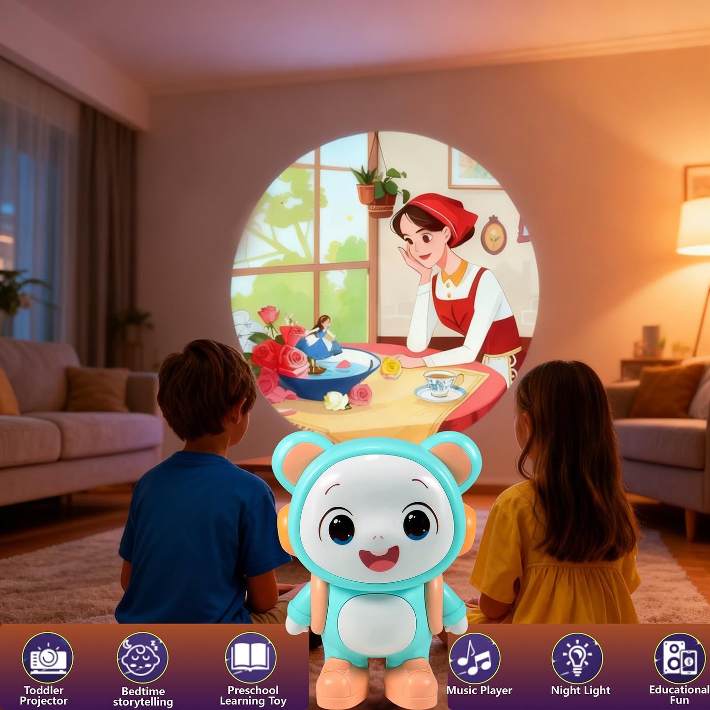 Little Bear Story Dream Projector, Interactive Play & Early Learning Toys for Kids, Includes 11 Fairy Tale Stories & 9 Word Cards, Night Light, Fun
