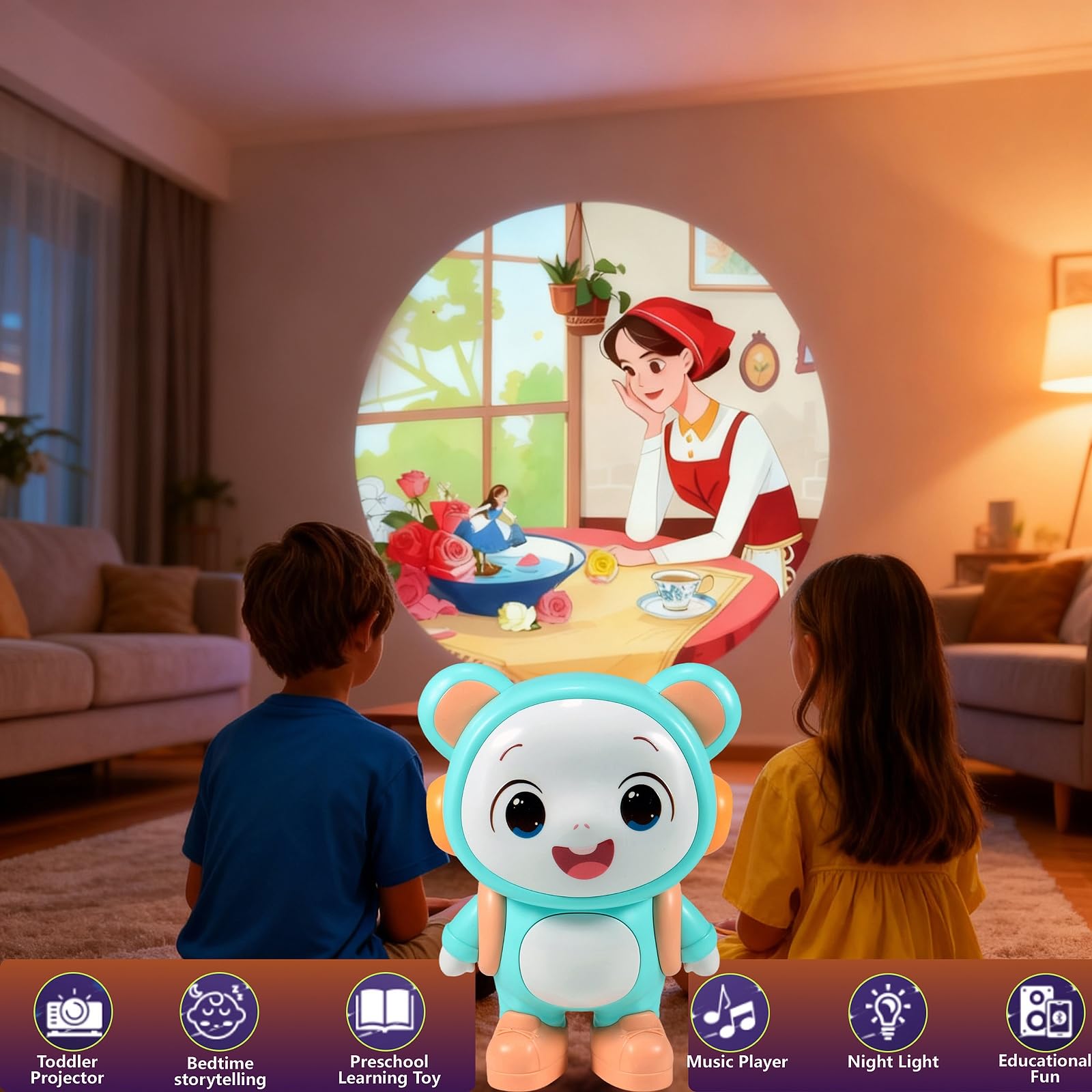 Little Bear Story Dream Projector, Interactive Play & Early Learning Toys for Kids, Includes 11 Fairy Tale Stories & 9 Word Cards, Night Light, Fun