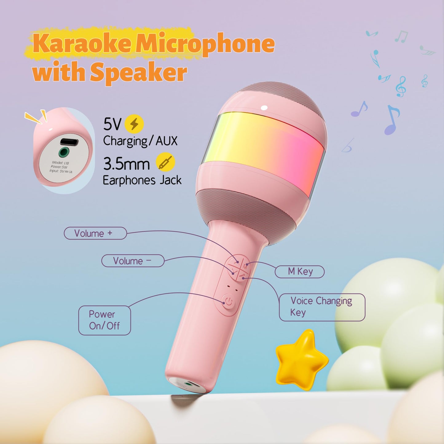 Karaoke Machine for Kids Adults, Portable Bluetooth Microphone Song Toys with LED Light, Best Chritmas Birthday Festival Party Gift for 3 4 5 6 7 8 9