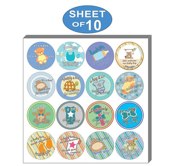 Creanoso Baby Shower Stickers for Boys (10-Sheets x 16 Designs) - Individual Small Size 1.5 Inches in Diameter, Unique Designs DIY Decoration Art