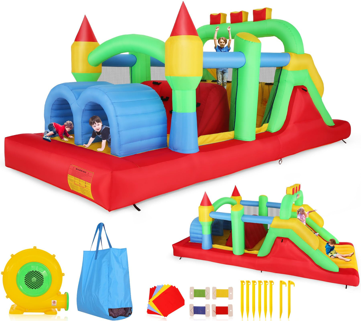 Whubefy Bounce House for Big Kids 8-12, 18 x 8.2FT Kids 3-6 Inflatable Obstacle Course w/Dual Tunnels, Large Slide, Climbing, Obstacles and Bounce