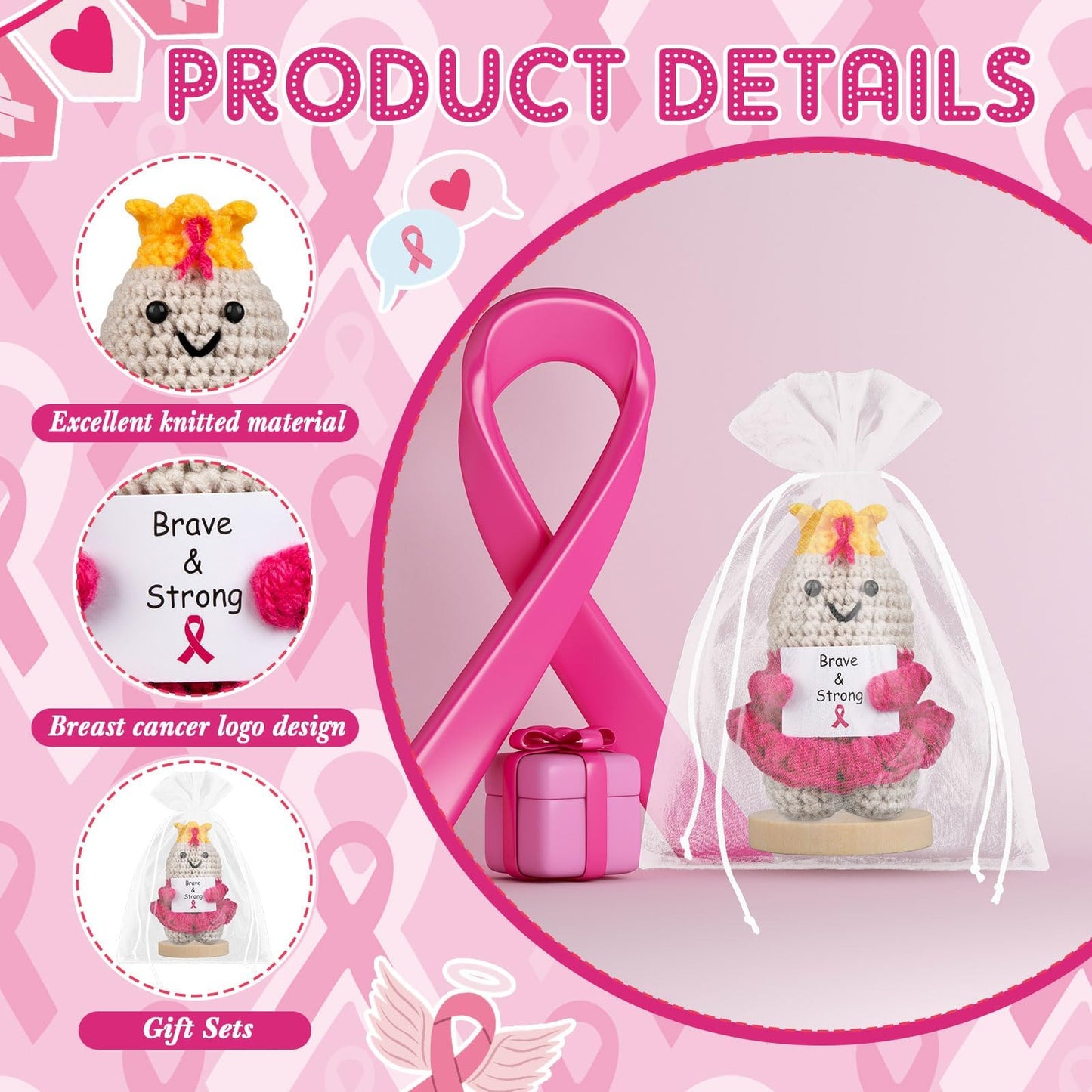 Gosodeny Breast Cancer Awareness Pink Ribbon Knitted Dolls Set Breast Cancer Gift for Women Cancer Warrior Fighter Charity Party Favors Emotional