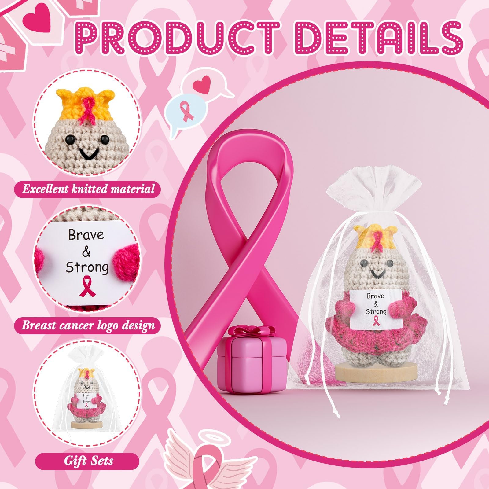 Gosodeny Breast Cancer Awareness Pink Ribbon Knitted Dolls Set Breast Cancer Gift for Women Cancer Warrior Fighter Charity Party Favors Emotional