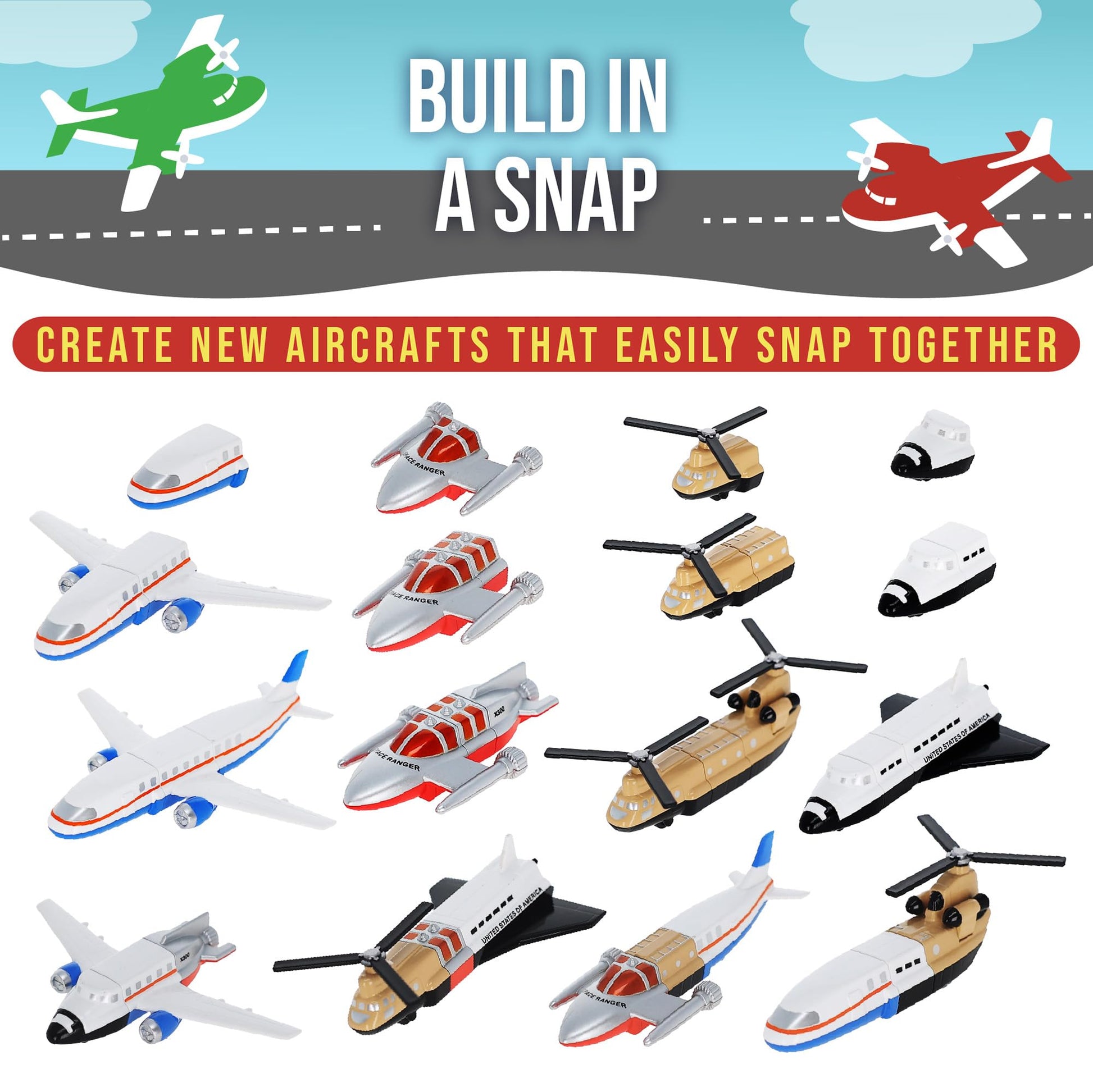 Popular Playthings Magnetic Vehicles for Toddlers 1-3, Mini Mix or Match Car Toys, Set of 8 Gift for Kids - Aircraft Airplane with Playmat