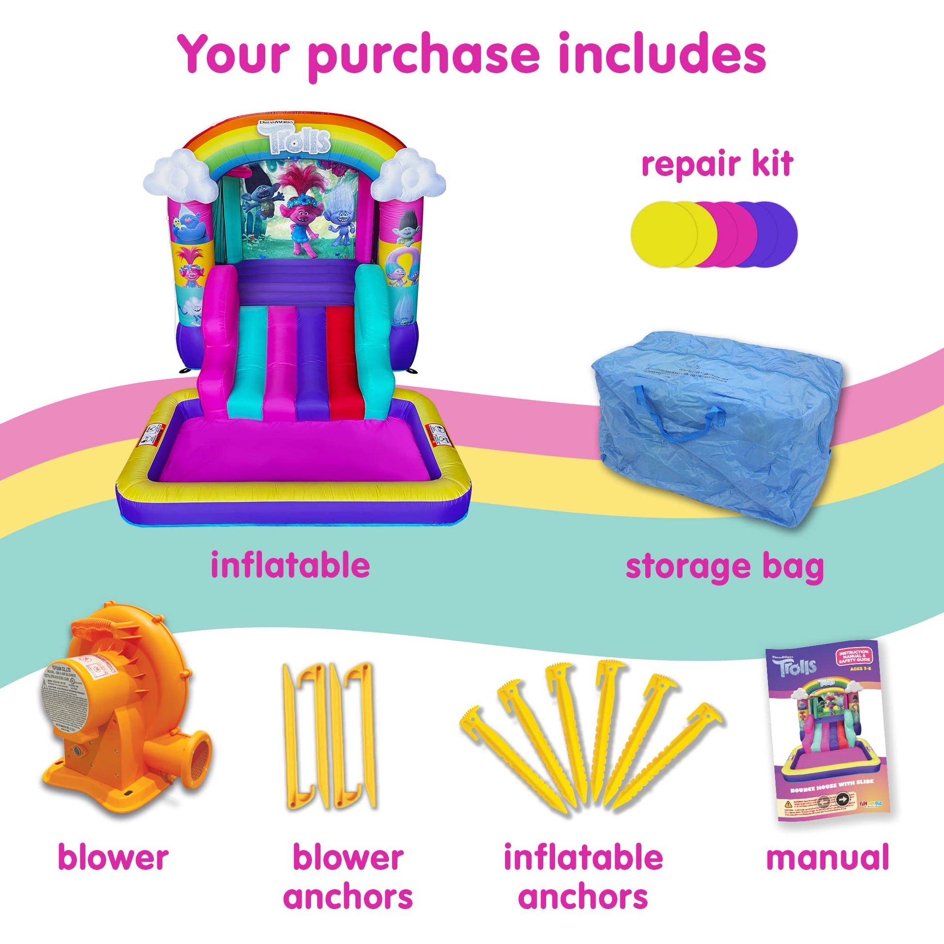 Funormous Trolls Inflatable Waterslide Bouncy Castle with Slide, Outdoor Indoor Bounce House with Ball Pit for Kids Ages 3-8, Plus Heavy Duty Air