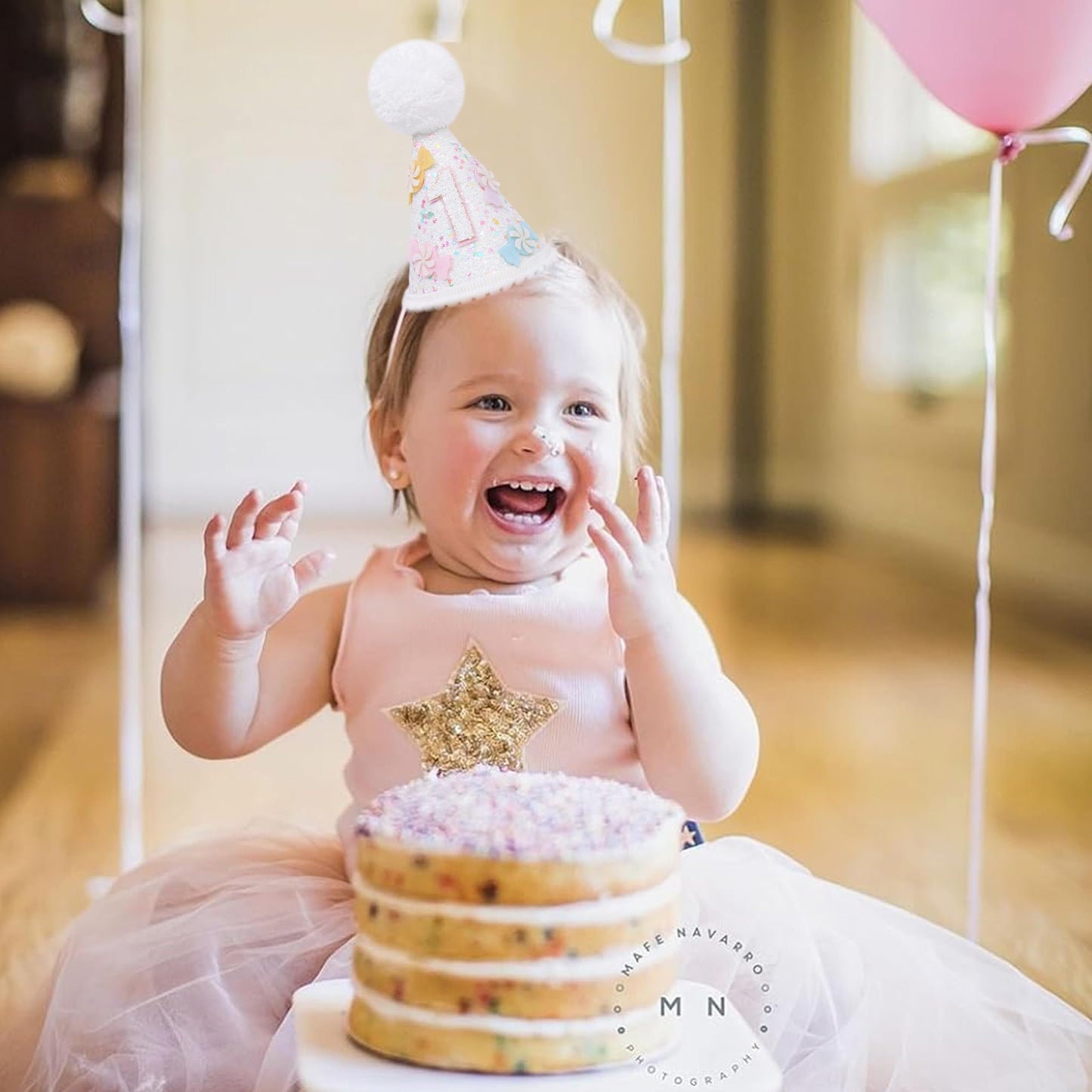PATRDIO Candy Cane 1st Birthday Hat - Princess Sweet One Birthday Decorations,Sugar Sprinkle Party Photo Props,Candy Girls Smash Cake Hat,First