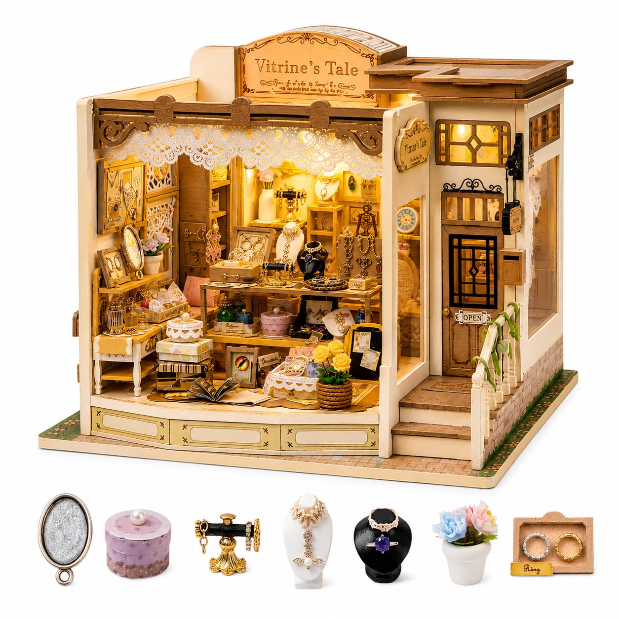 DIY Miniature House Kit, 428 PCS Jewelry Shop DIY Book Nook Kit with LED, 3D Wooden Puzzle Miniature Doll House Kit for Arts and Crafts Decor - Unique