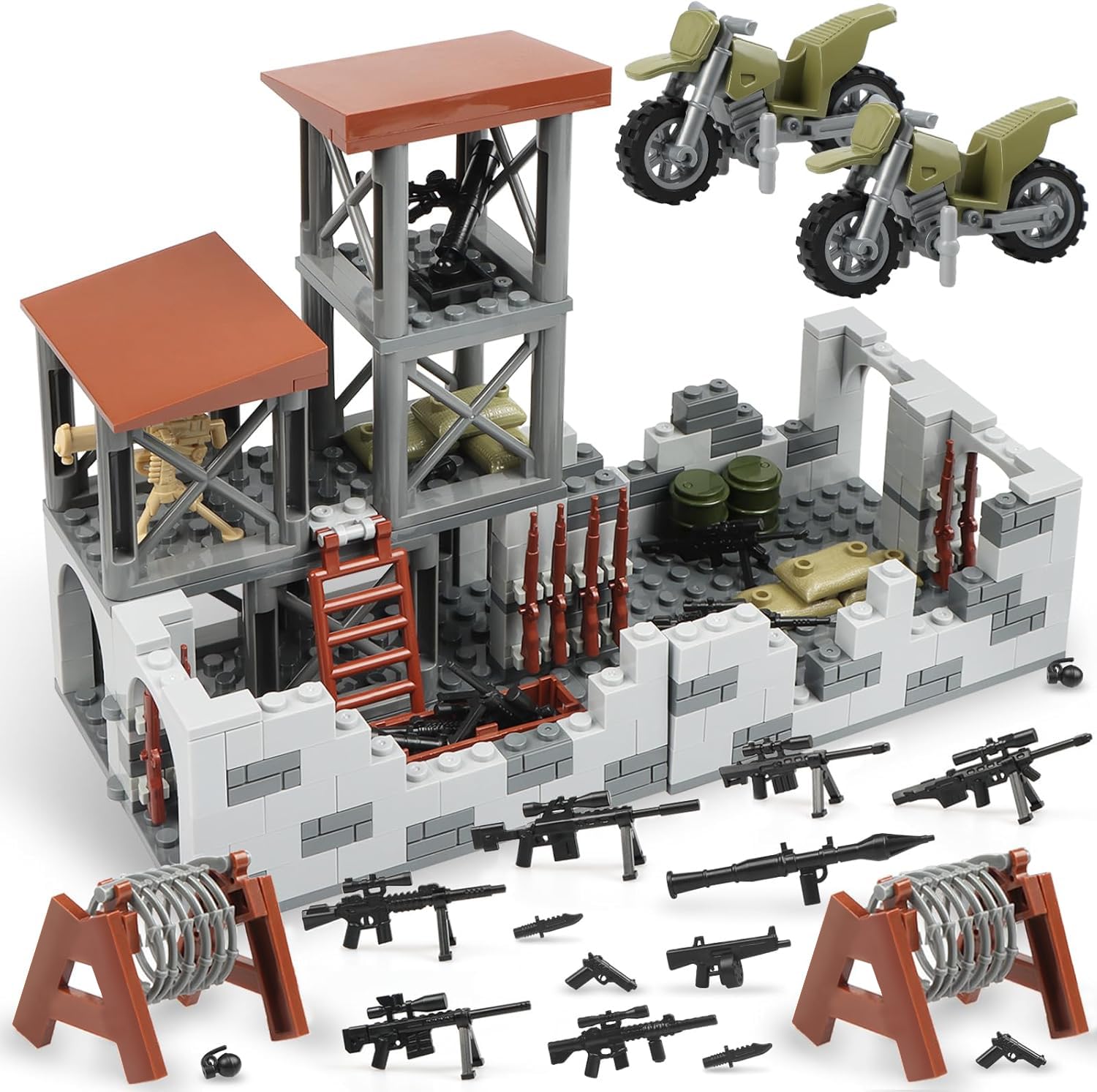 Finger Rock Military Base Building Block Set, WW2 Army Mini War Accessories Kits, Military Ruins Guard Tower Guns Army Supplies Block Toy for Teens