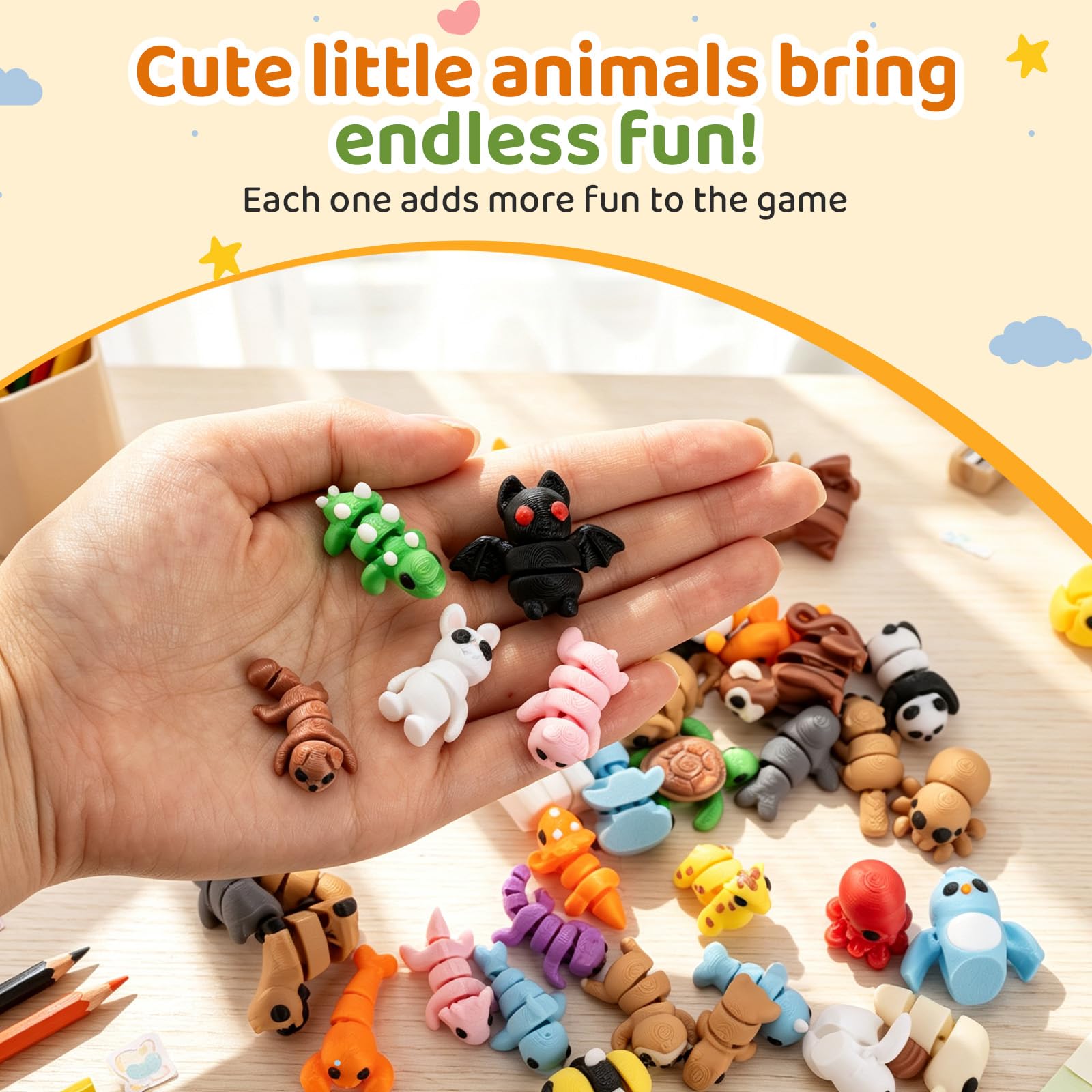 SJKHGU 50 Pcs Articulated 3D Printed Animals Bulk Set, Mini 3D Printed Animals, Pocket 3D Printed Toys, Desk Pets, Classroom Rewards, Party Favors