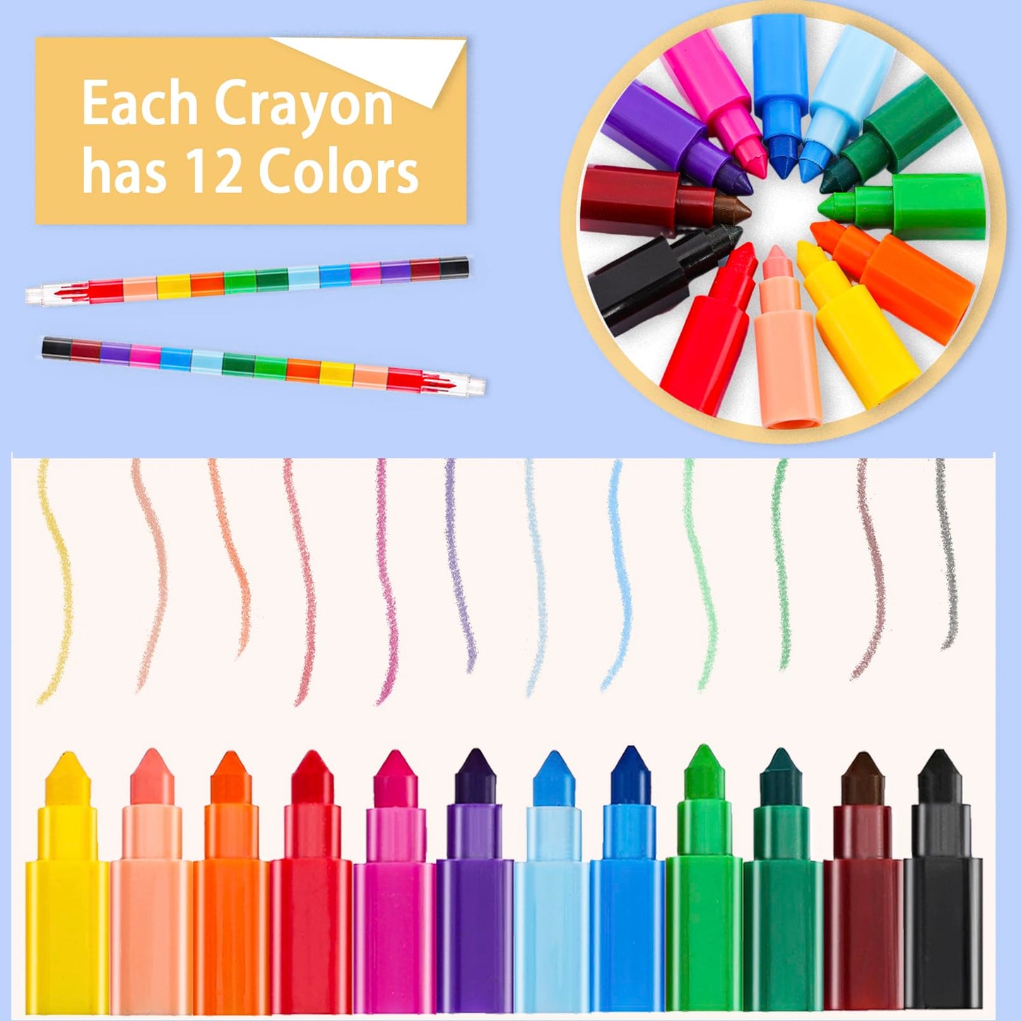 Extrapins 36 Pieces Colorful Stackable Crayons, 12 Colors Buildable Stacking DIY Crayons for Drawing, Coloring, Classroom, Office, School Supplies