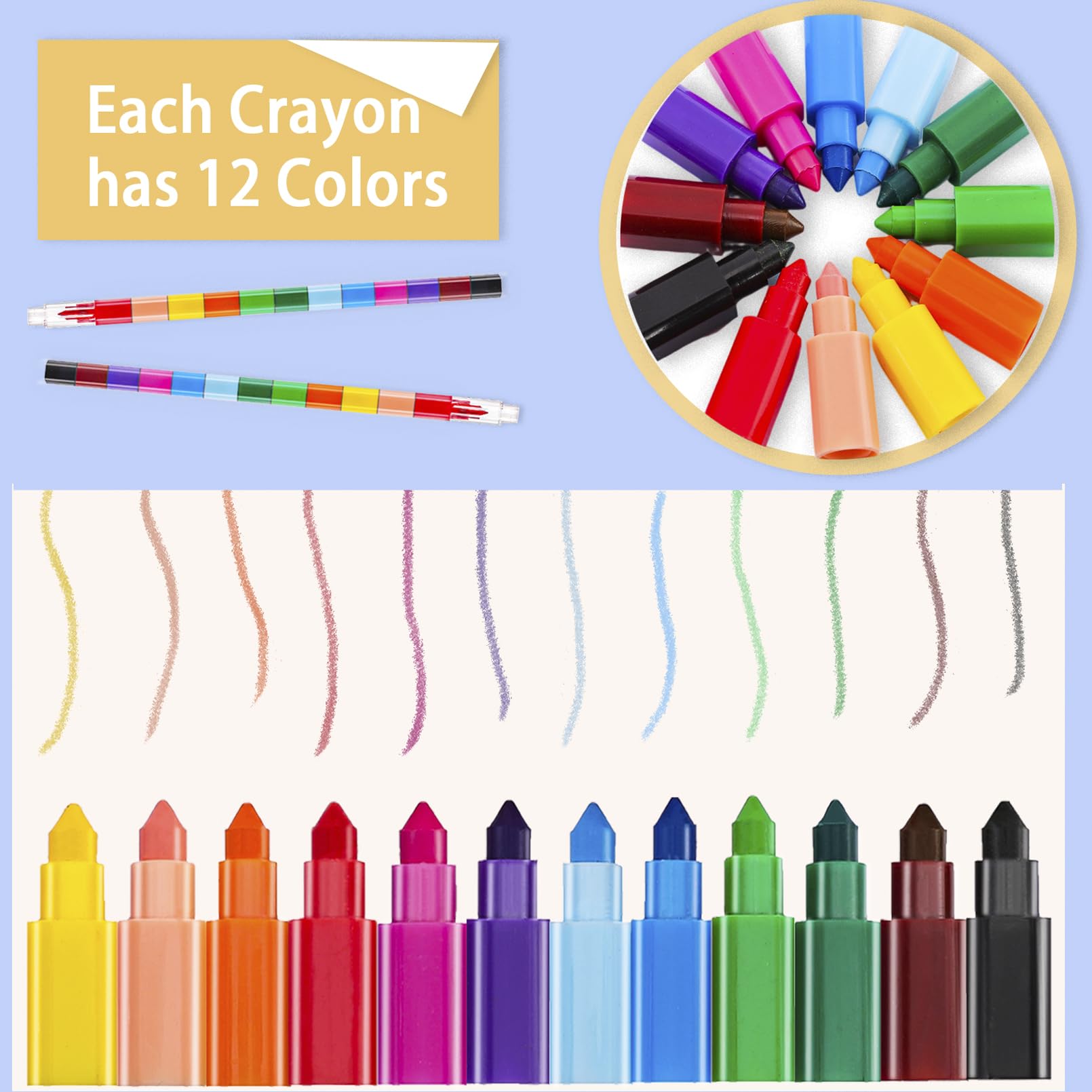 Extrapins 36 Pieces Colorful Stackable Crayons, 12 Colors Buildable Stacking DIY Crayons for Drawing, Coloring, Classroom, Office, School Supplies