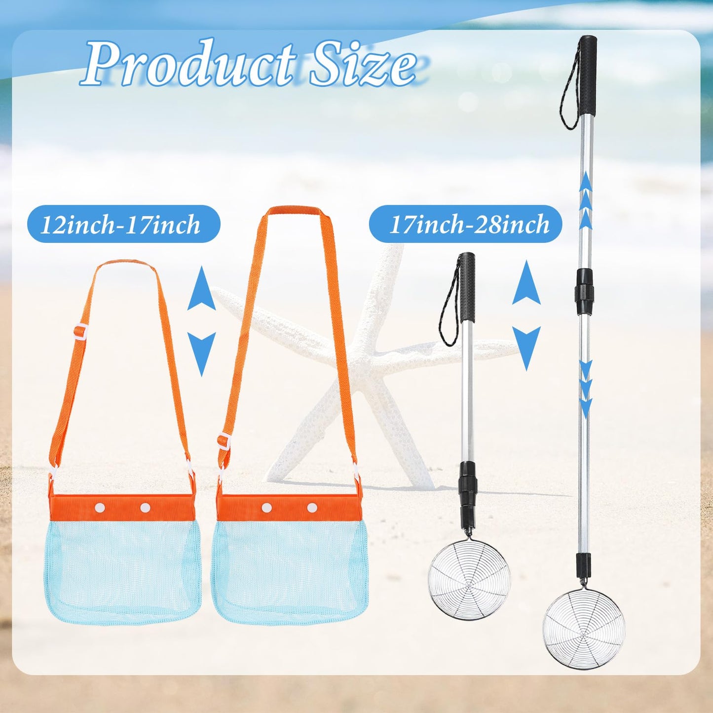 Agolctry 2 Pack Sand Sifter for Beach Shell Scooper with Seashell Bag and Sand Shovel Adjustable Shark Teeth Sifter Shelling Tools for Beach Seashell