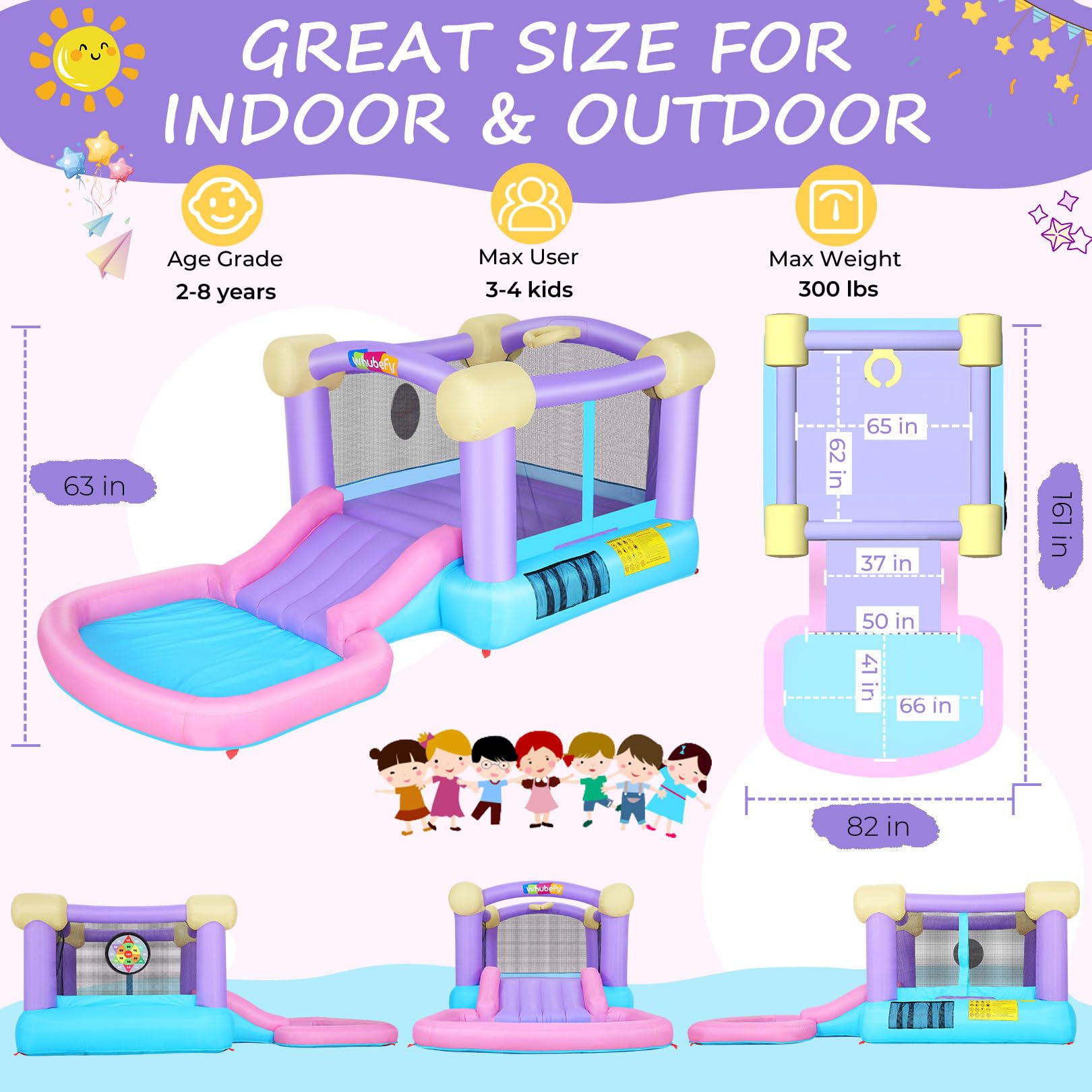 Whubefy Inflatable Pink Bounce House for Kids 2-8 with Slide, Ball Pit & 50 Ocean Balls, 161x82x63'' Jumping Castle w/Blower, Basketball Hoop