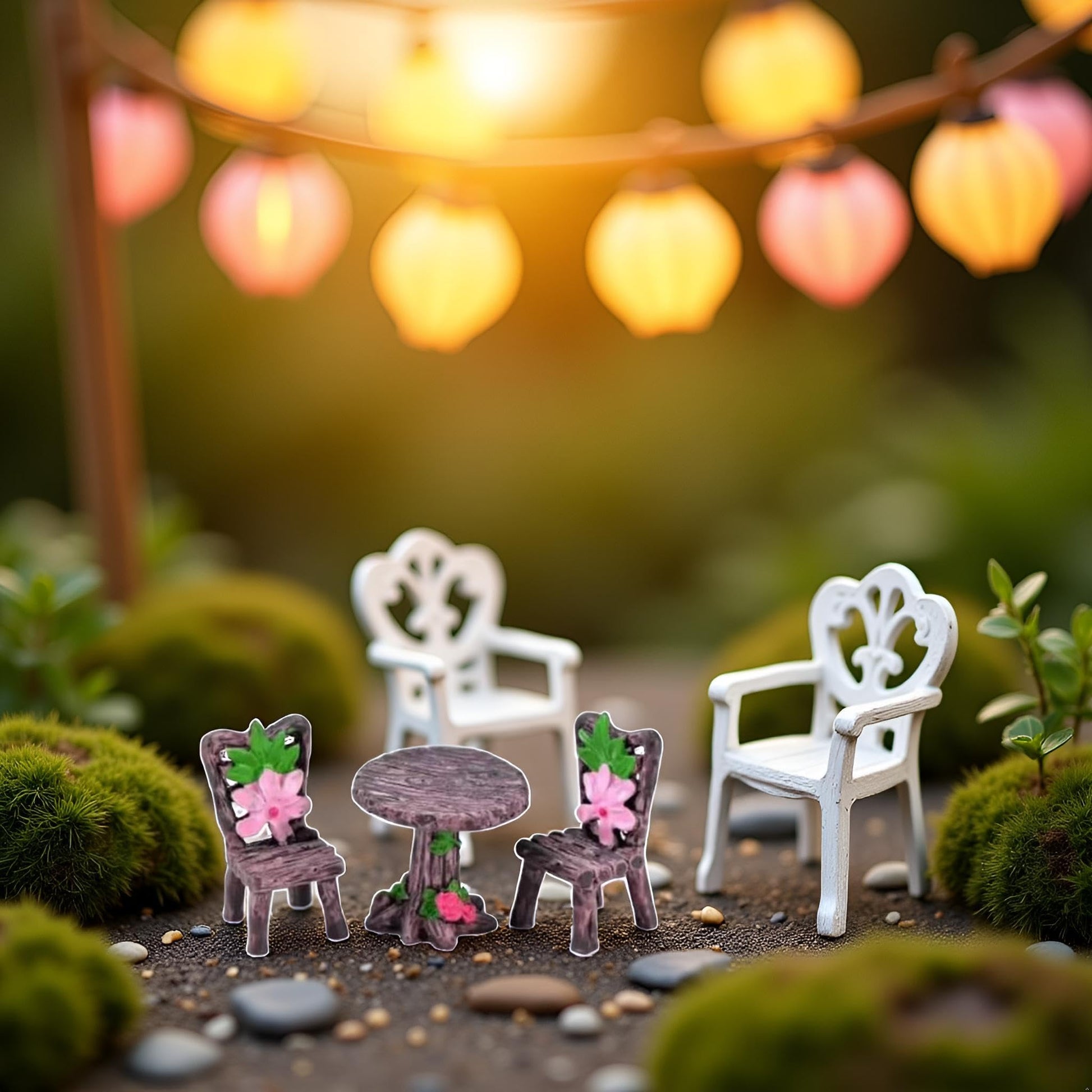 Miniature Furniture Set, Mini Table and Chairs, Wooden Garden Decor for Tiny Houses, Micro Landscape Accessories (C-1)