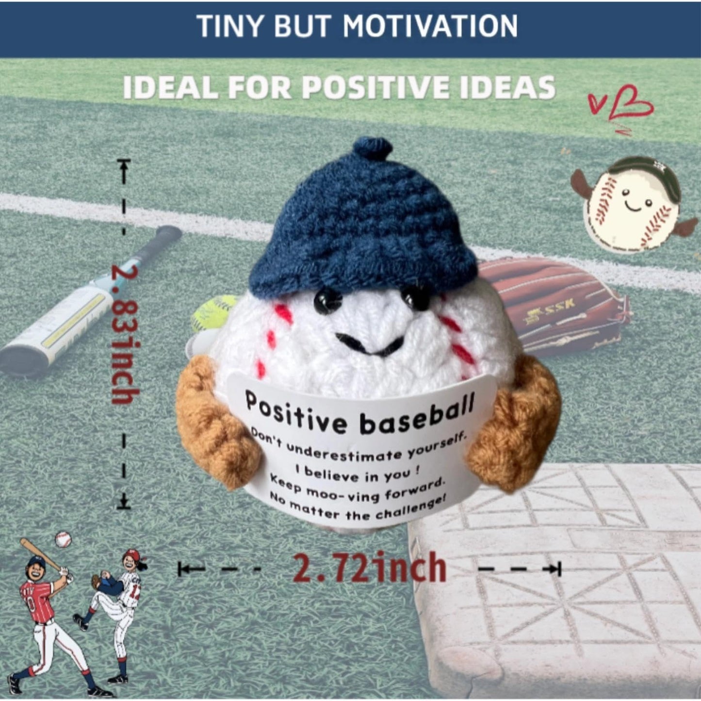 MaiTianna Emotional Support Crochet Baseball, Mini Funny Crochet Toy, Creative Cute Life Doll with Encouragement Card Emotional Support Gift