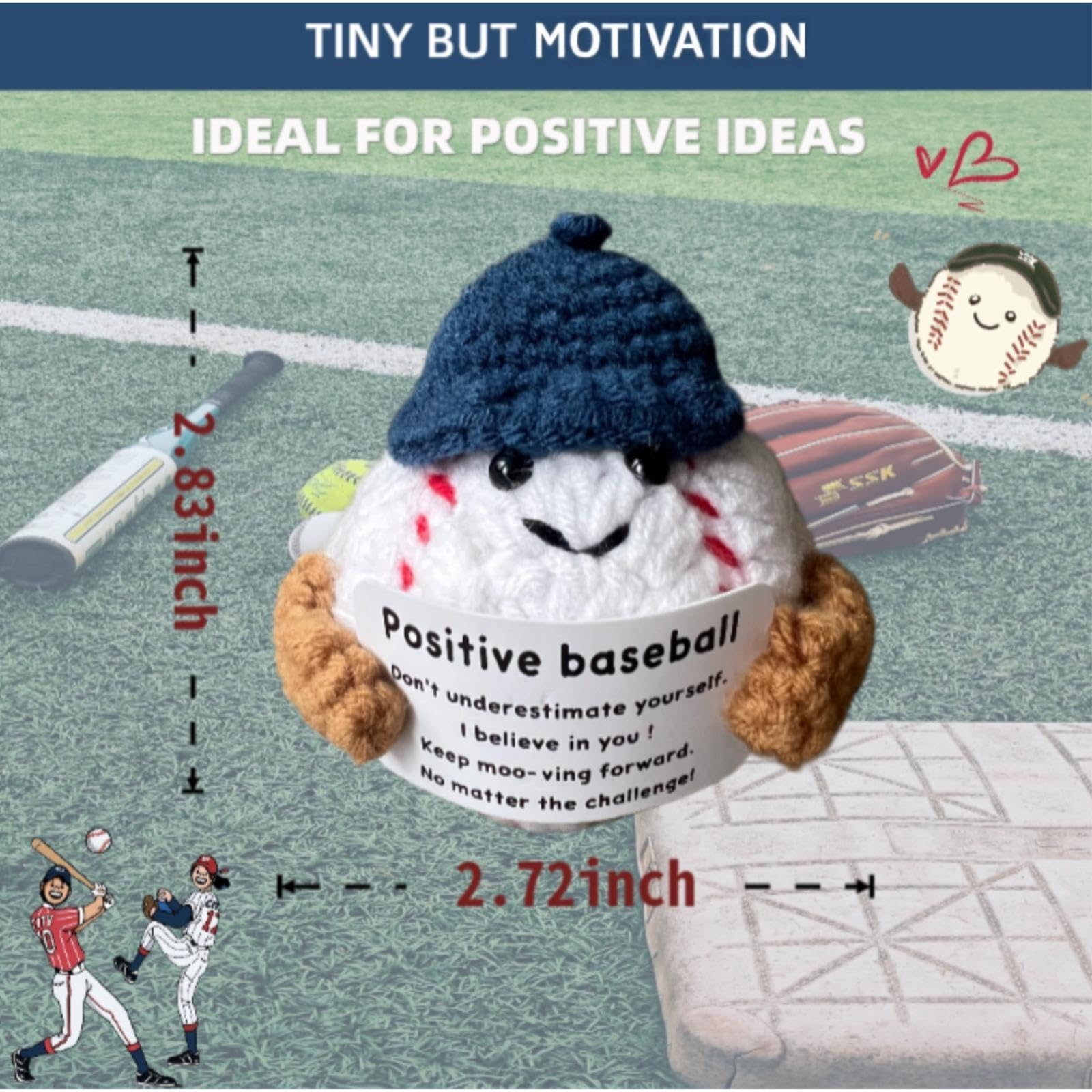 MaiTianna Emotional Support Crochet Baseball, Mini Funny Crochet Toy, Creative Cute Life Doll with Encouragement Card Emotional Support Gift
