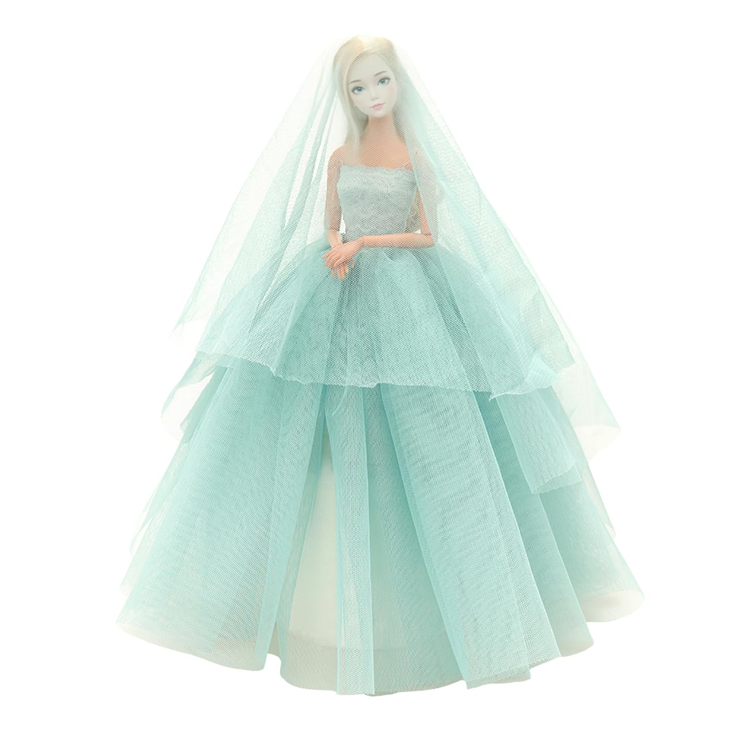 BARWA Light Blue Wedding Dress with Veil Evening Party Princess Light Blue Gown Dress for 11.5 inch Girl Doll