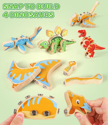 GLEEHAPY Dinosaur Wooden Toys,Snap on Dino Together Building Blocks,Take Apart Playset, STEM Montessori Educational Fine Motor Skill Learning Birthday