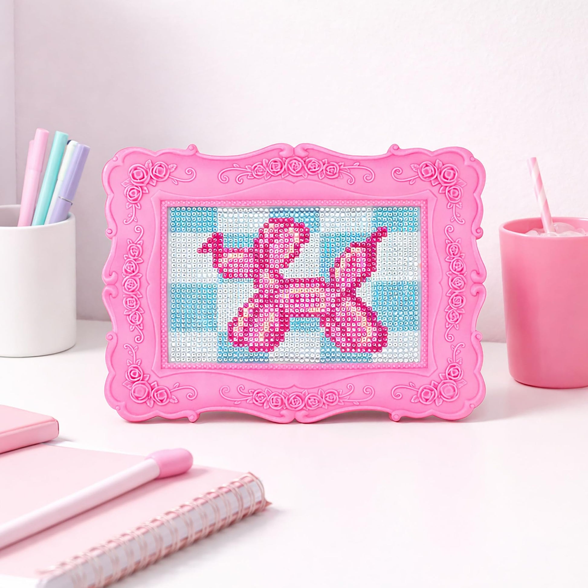 Vivid by Brea Reese: Funky Frame Gem Kit - Balloon Dog - Peel & Stick, Carnival Animal-Blue Checker Scene, 8x6 Pink Frame, Sorting Tray, Adult Craft