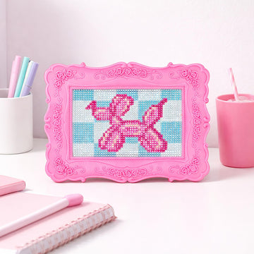 Vivid by Brea Reese: Funky Frame Gem Kit - Balloon Dog - Peel & Stick, Carnival Animal-Blue Checker Scene, 8x6 Pink Frame, Sorting Tray, Adult Craft